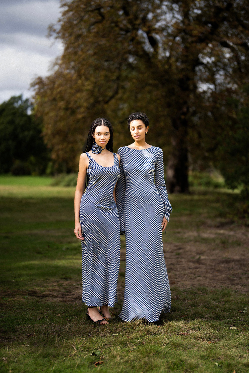 Elodie Bias Maxi Slip Dress In Blue Gingham