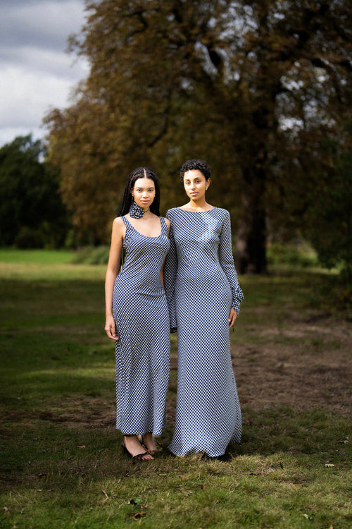 Elodie Bias Maxi Slip Dress In Blue Gingham