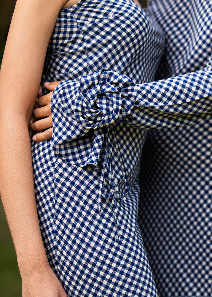 Elodie Bias Maxi Slip Dress In Blue Gingham