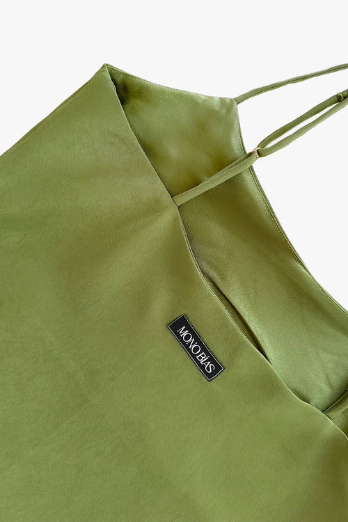 Aria Bias Cut Cami Top In Olive Green Satin