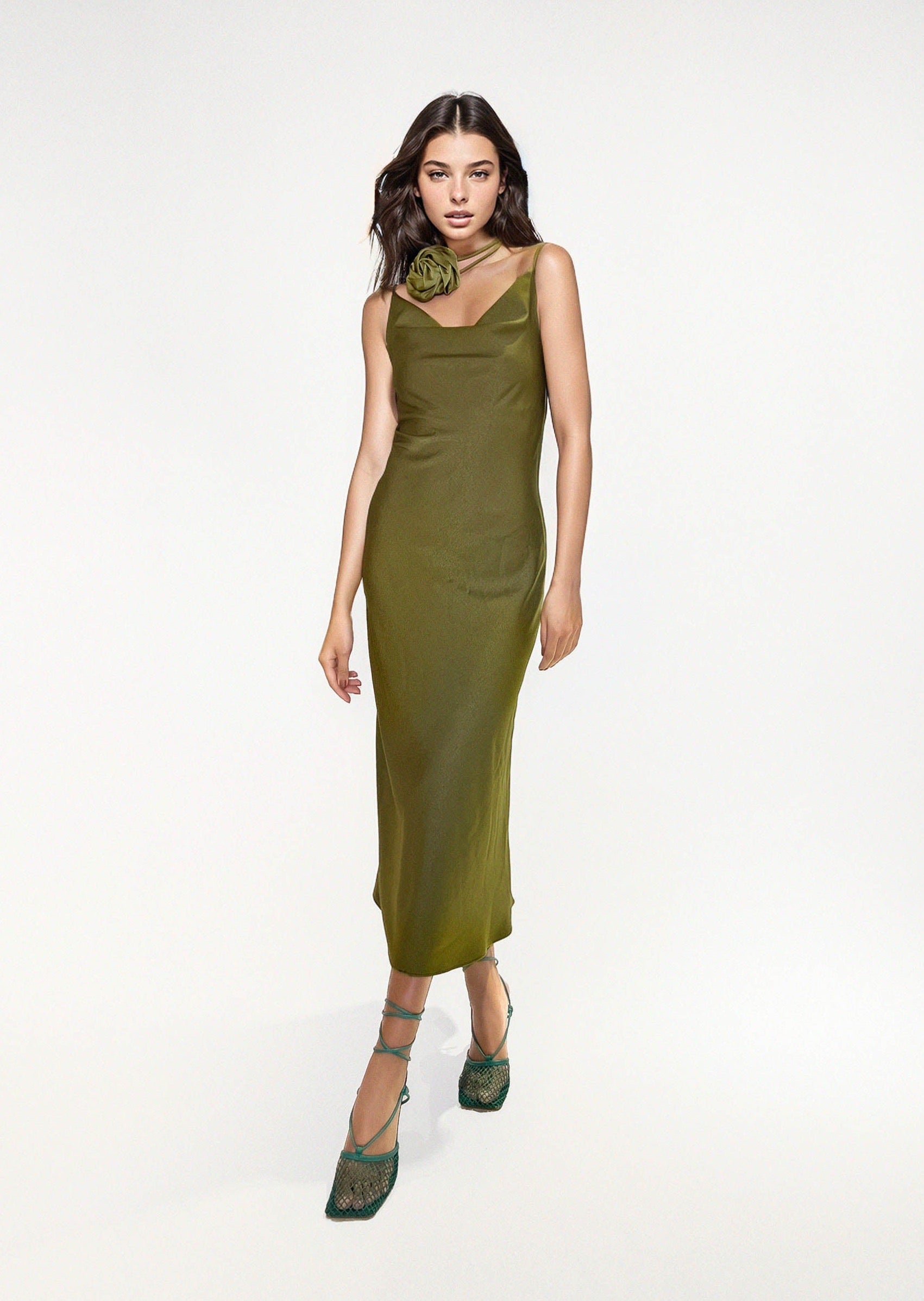 DESIREE DRESS in Olive Green - OctoberEighteen