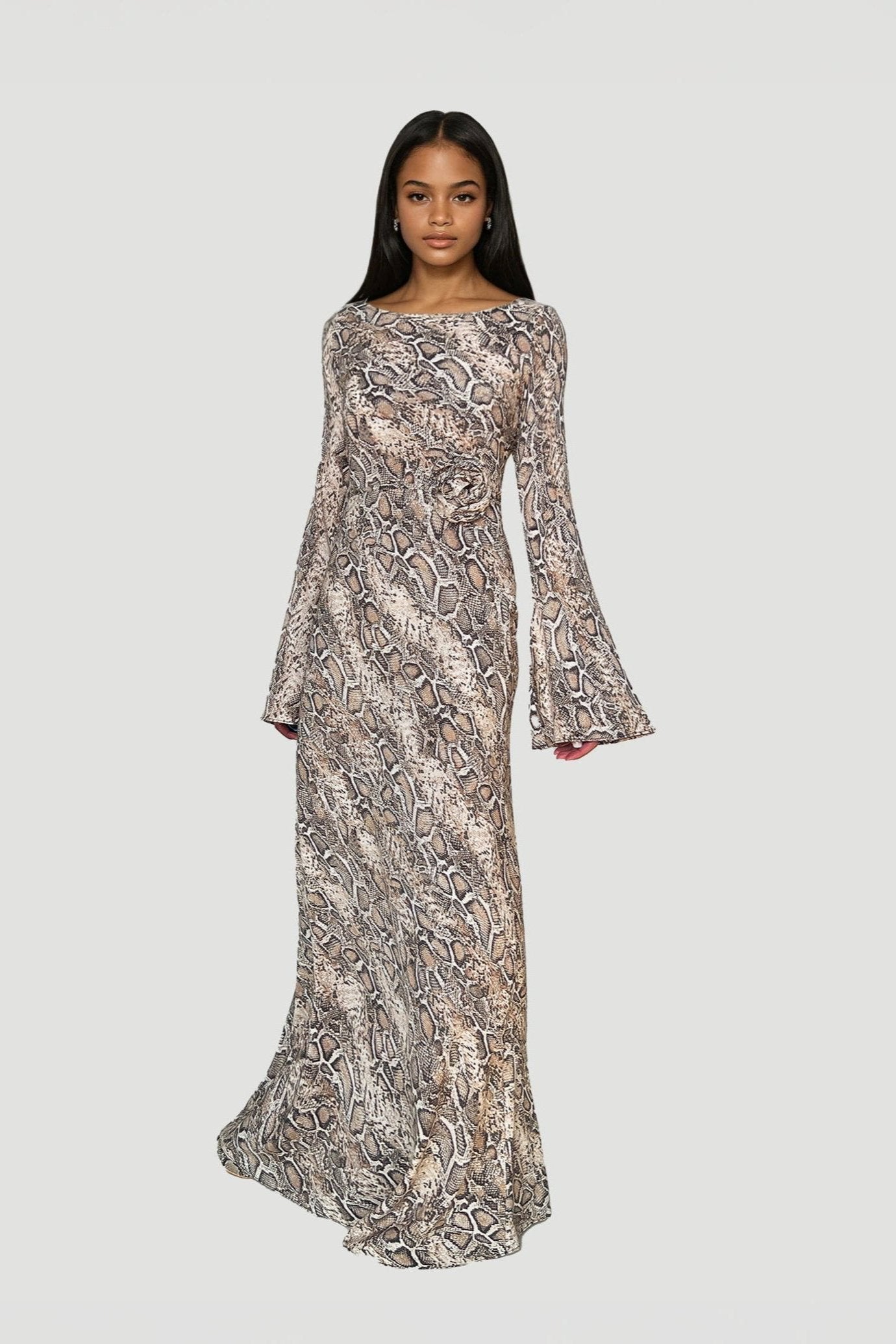 Kyra Bias Cut Long Sleeve Maxi Dress In Python