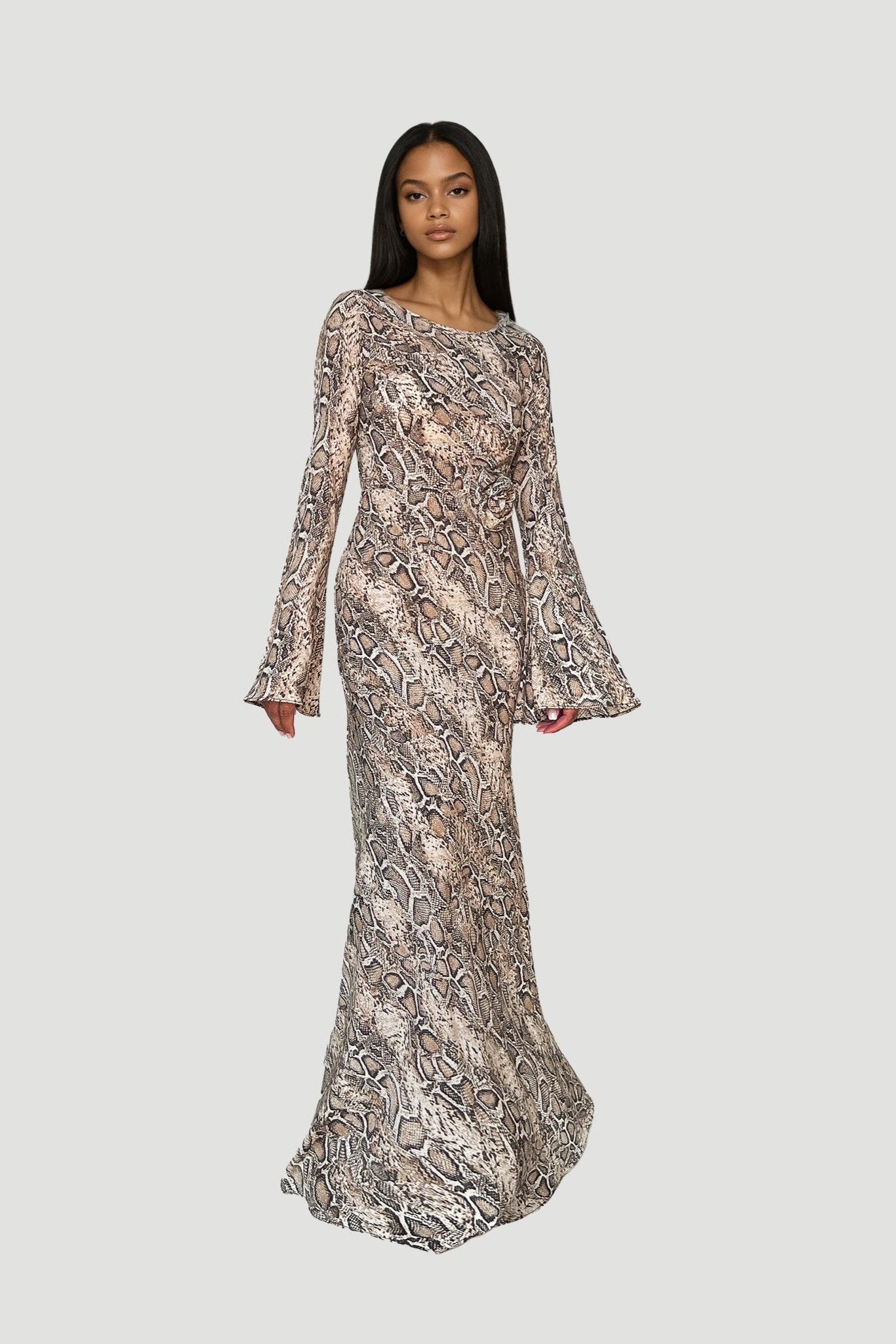 Kyra Bias Cut Long Sleeve Maxi Dress In Python