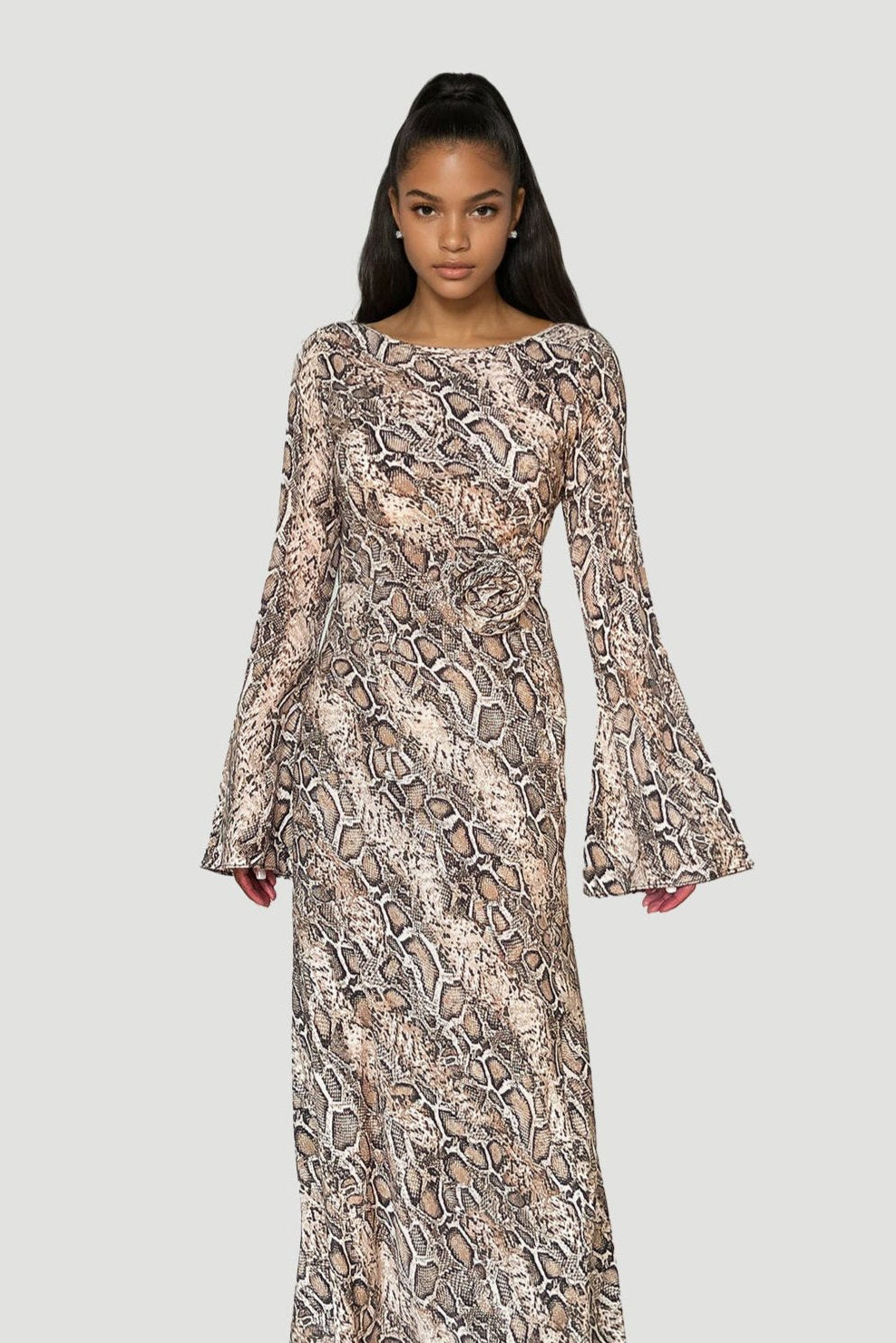 Kyra Bias Cut Long Sleeve Maxi Dress In Python