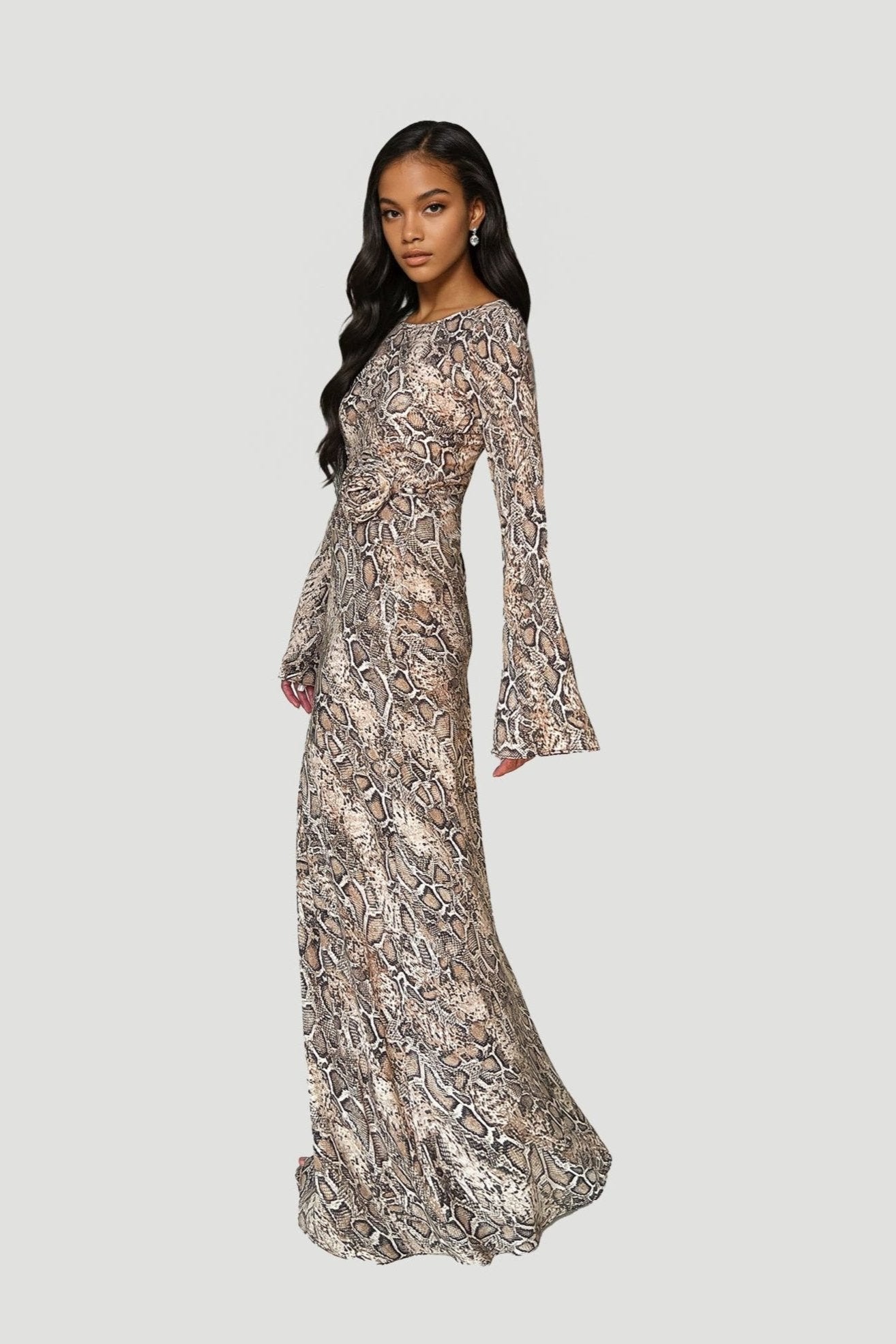 Kyra Bias Cut Long Sleeve Maxi Dress In Python
