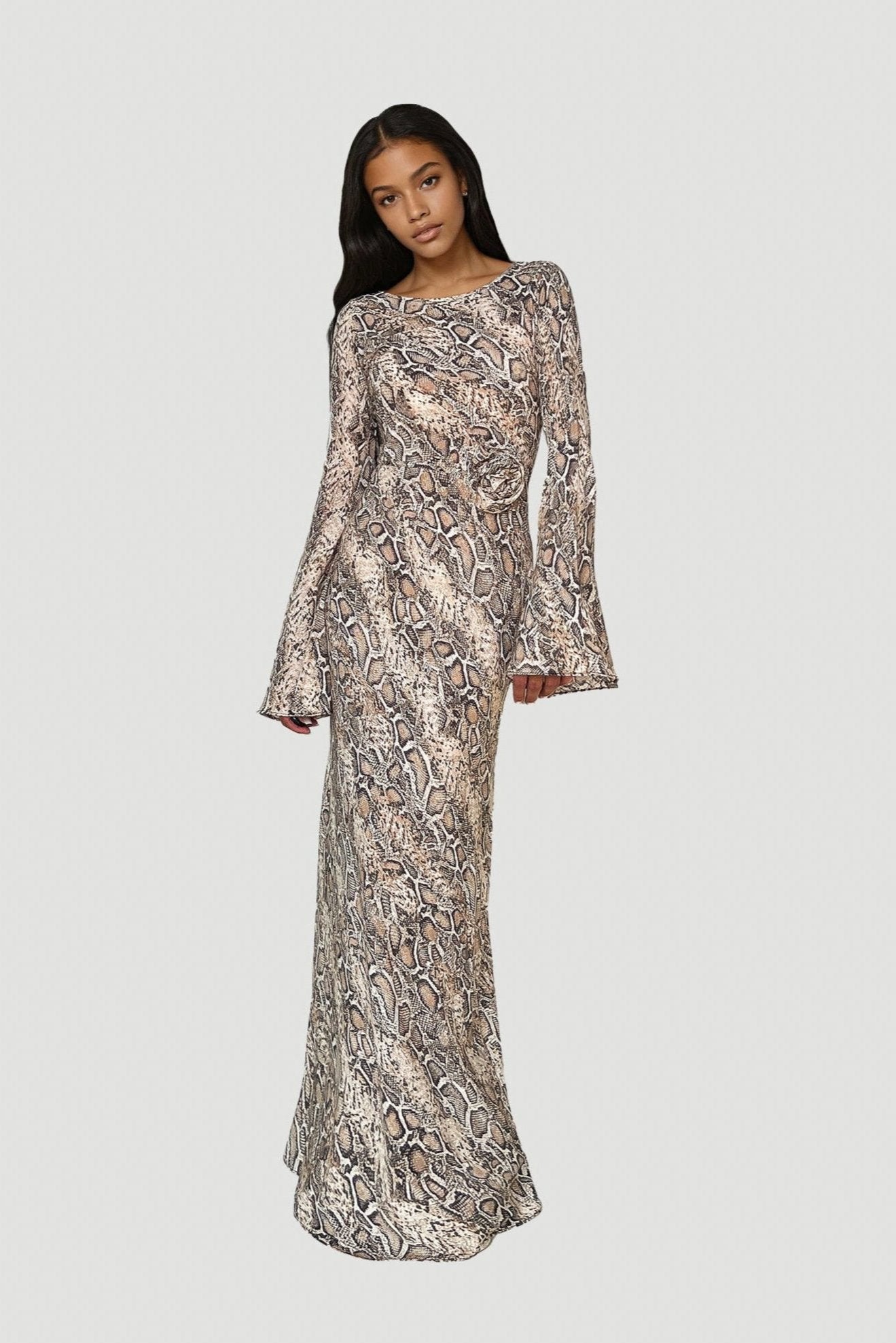 Kyra Bias Cut Long Sleeve Maxi Dress In Python