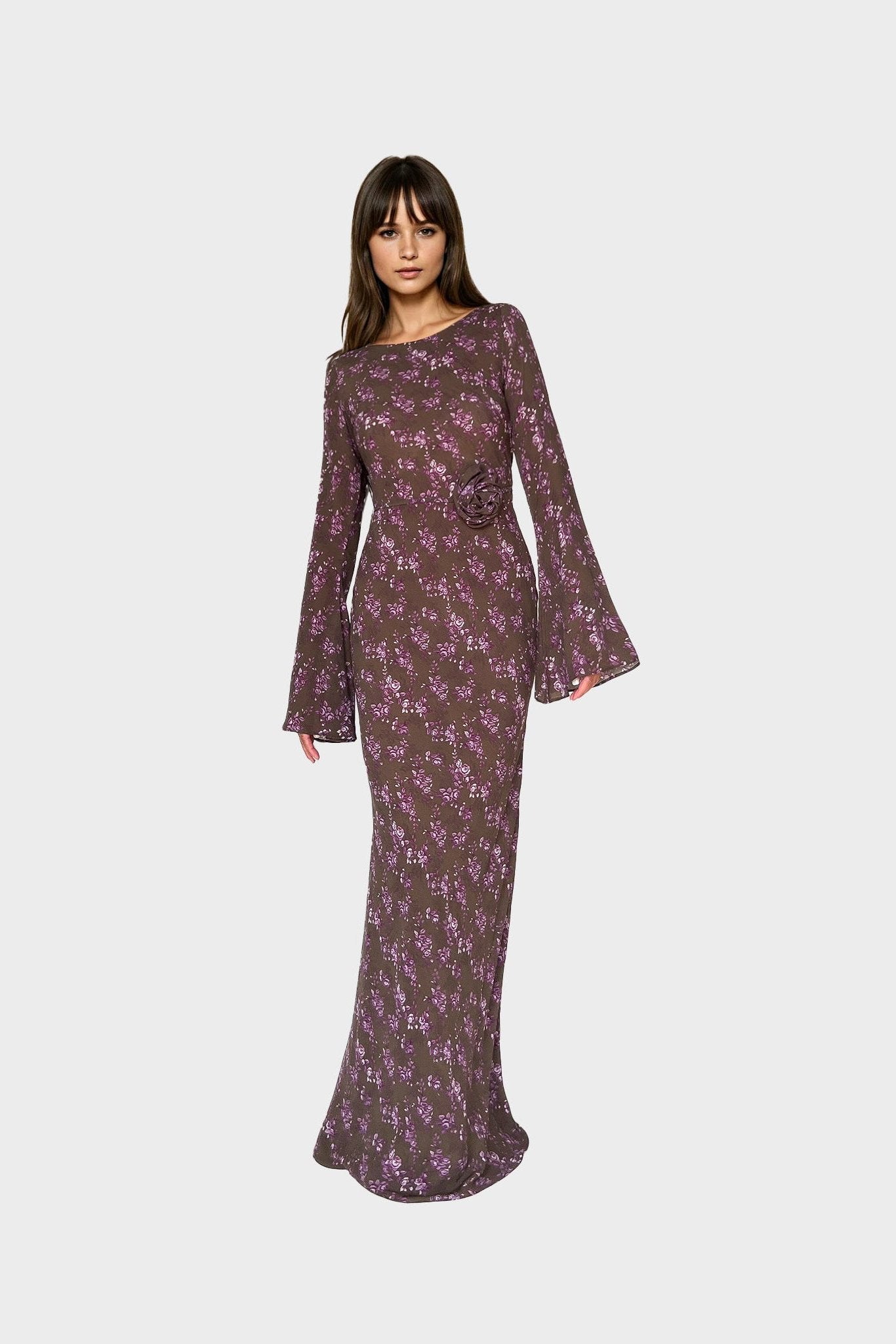 Kyra Bias Cut Long Sleeve Maxi Dress In Sweet Pine Floral