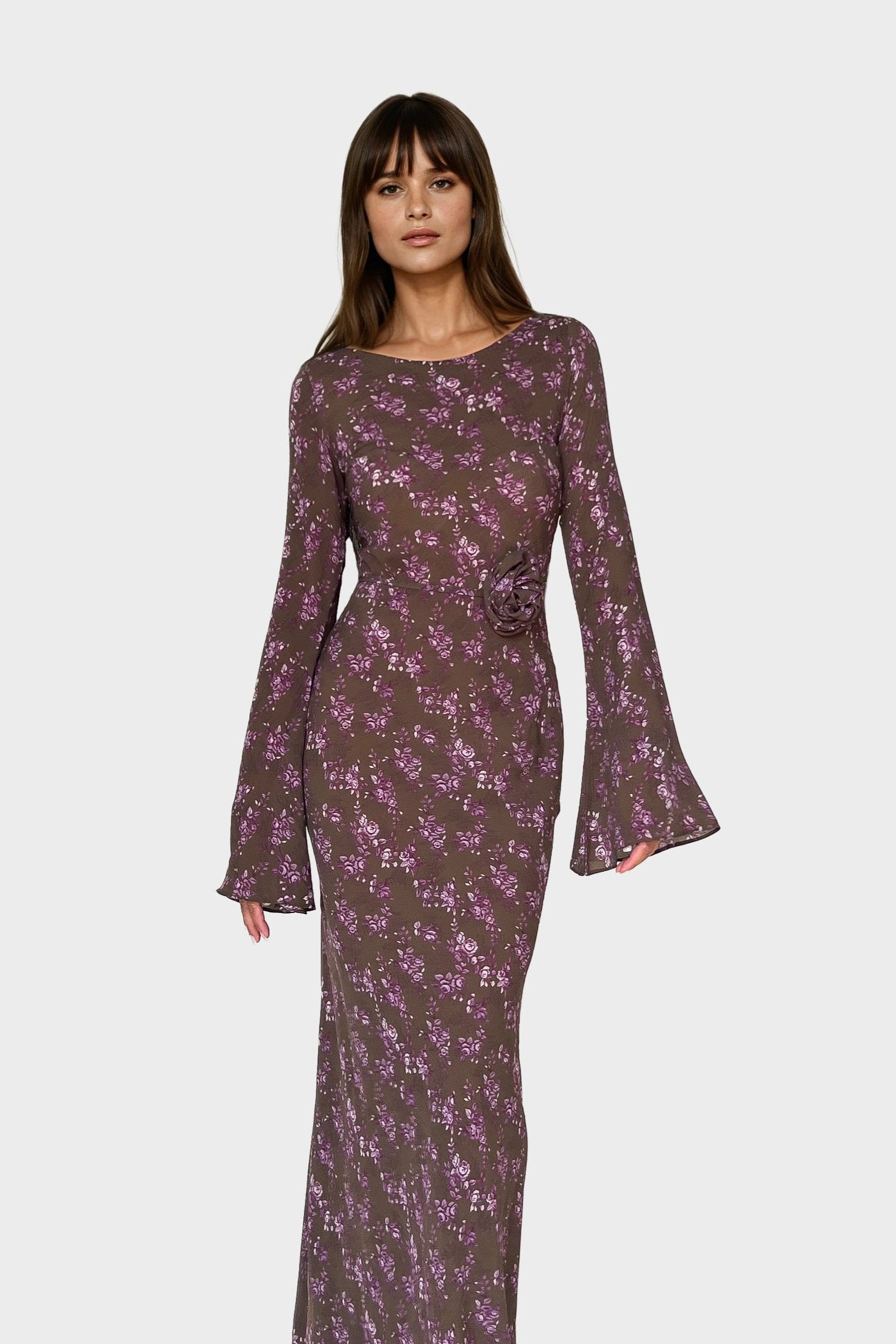 Kyra Bias Cut Long Sleeve Maxi Dress In Sweet Pine Floral
