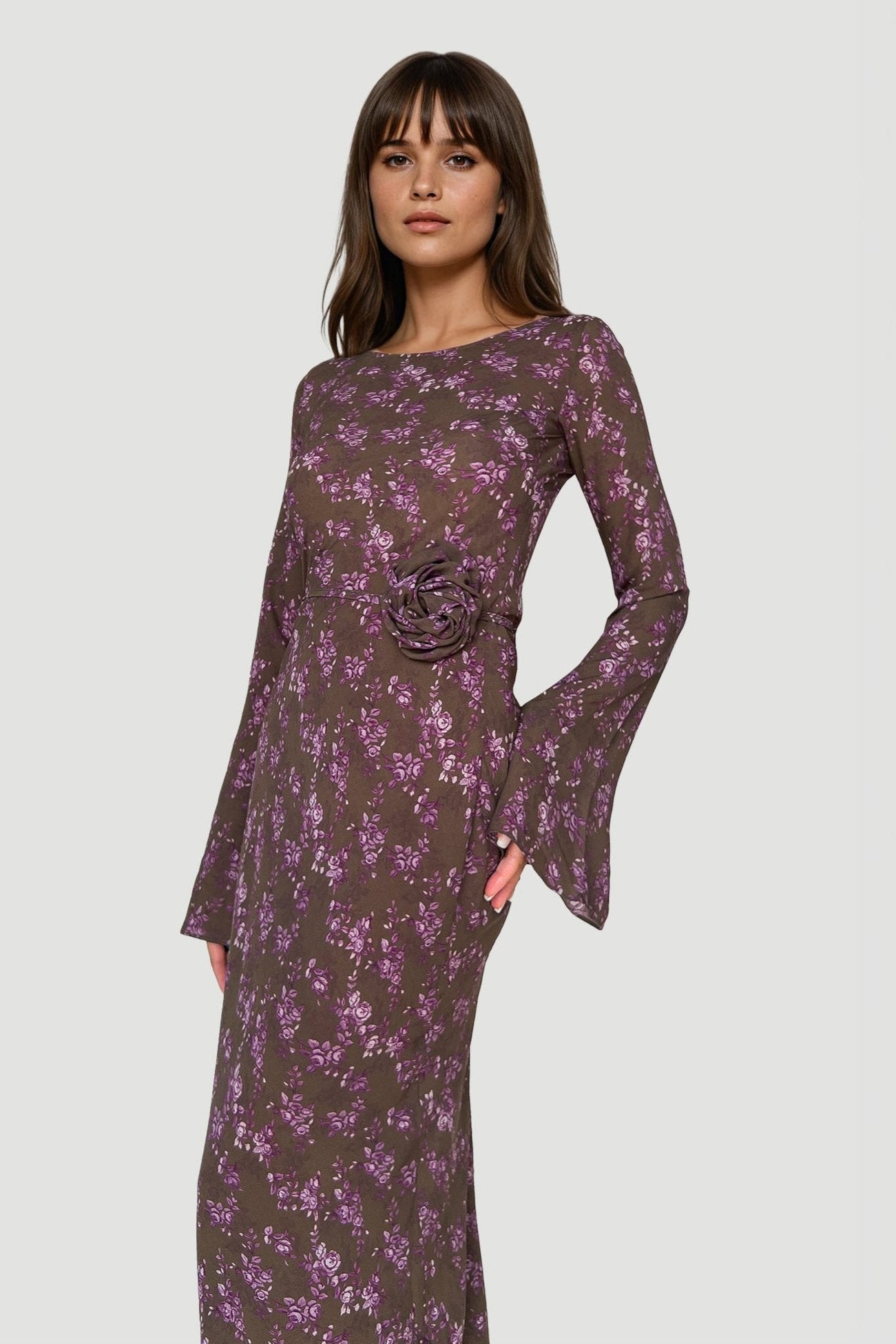 Kyra Bias Cut Long Sleeve Maxi Dress In Sweet Pine Floral