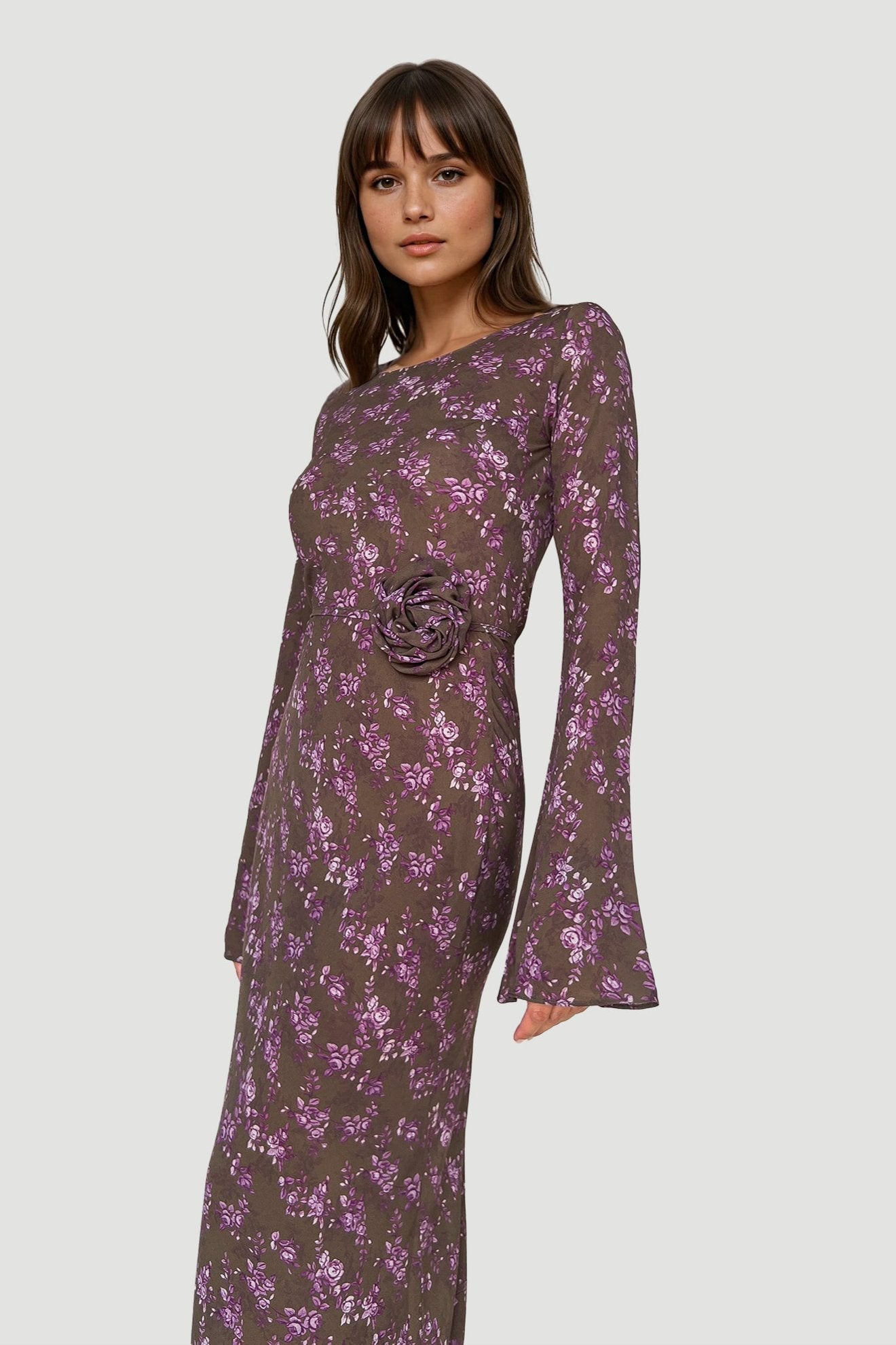 Kyra Bias Cut Long Sleeve Maxi Dress In Sweet Pine Floral