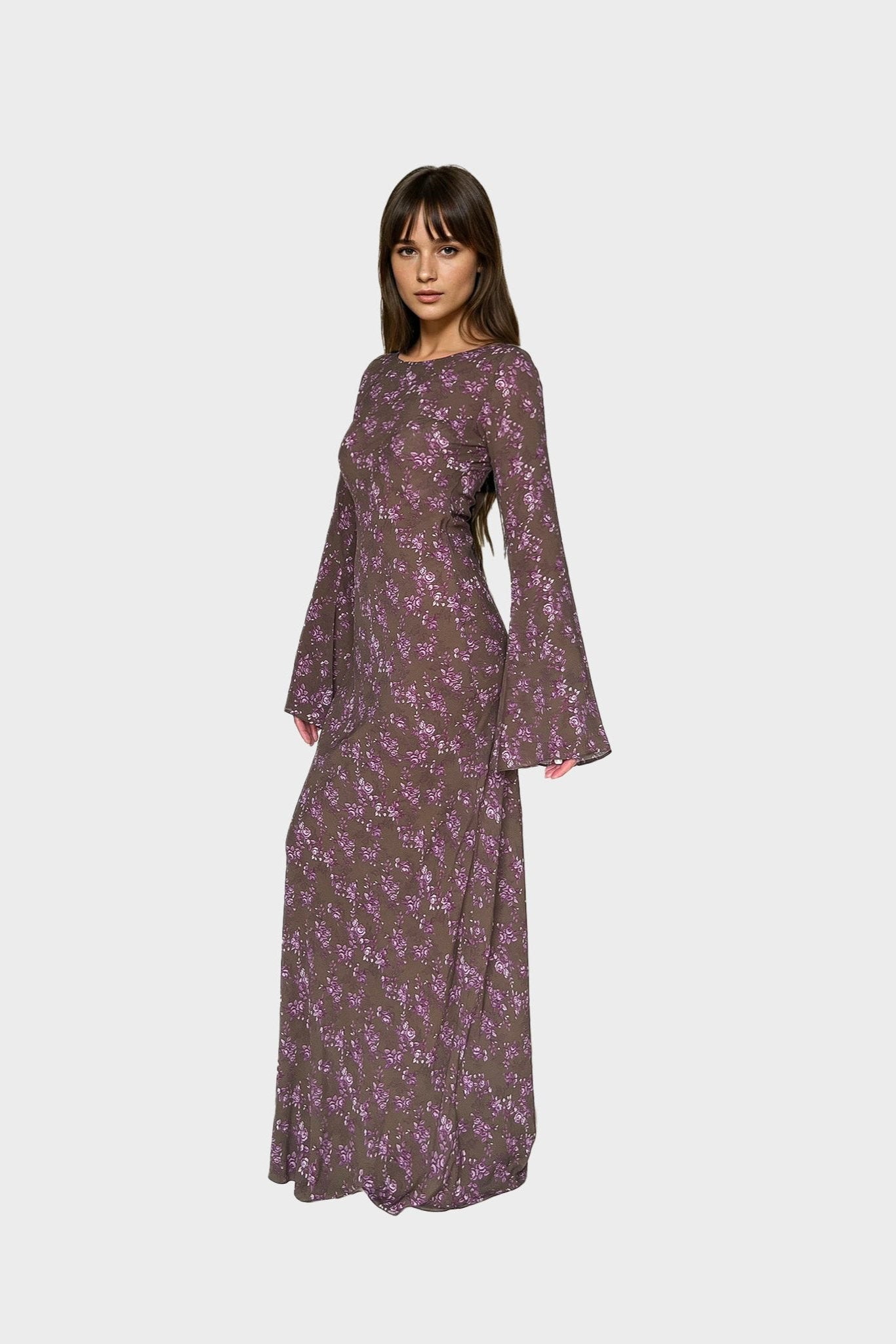 Kyra Bias Cut Long Sleeve Maxi Dress In Sweet Pine Floral