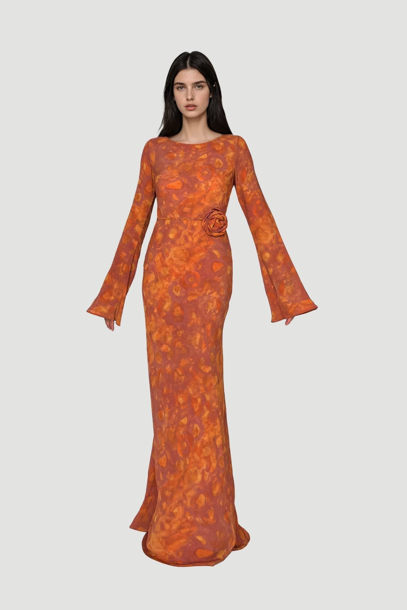 Kyra Bias Cut Long Sleeve Maxi Dress In Sunset Orange