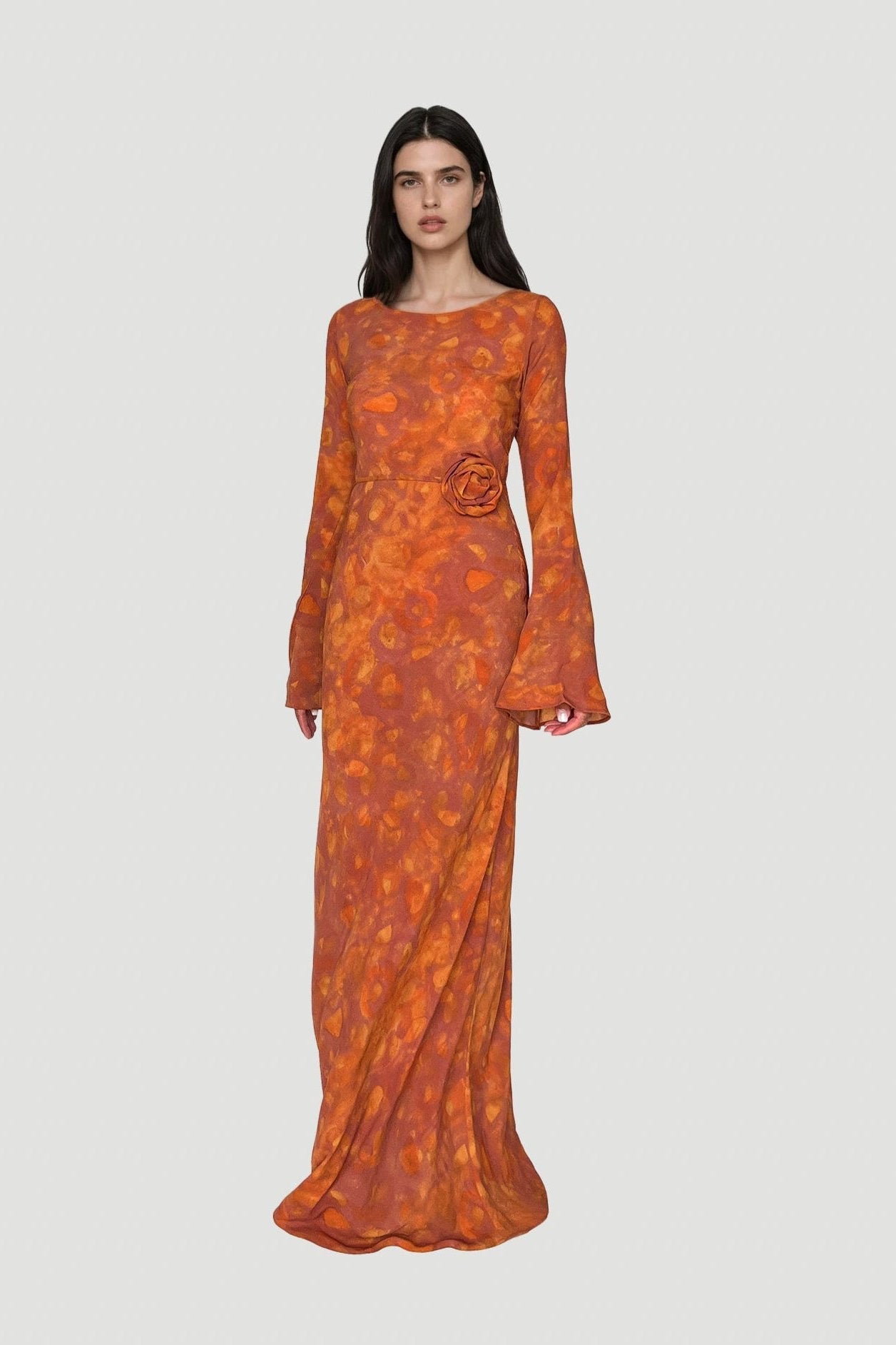 Kyra Bias Cut Long Sleeve Maxi Dress In Sunset Orange