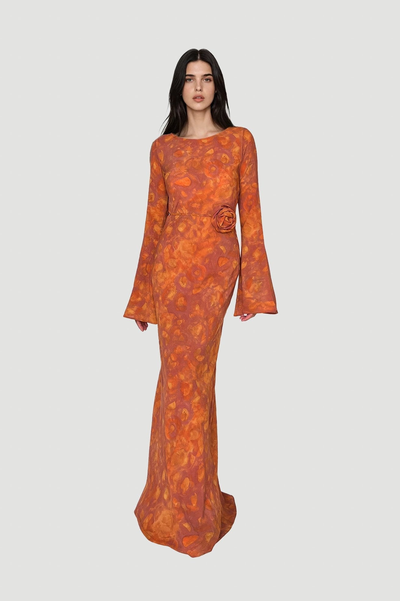 Kyra Bias Cut Long Sleeve Maxi Dress In Sunset Orange