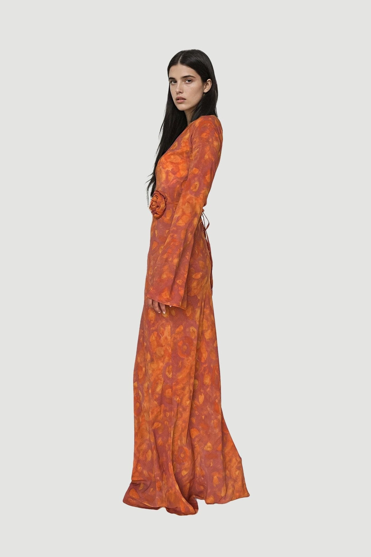 Kyra Bias Cut Long Sleeve Maxi Dress In Sunset Orange