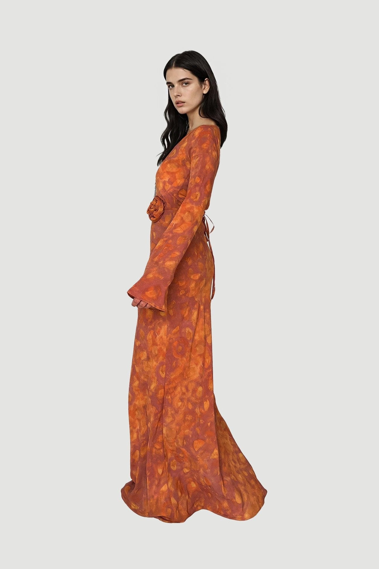 Kyra Bias Cut Long Sleeve Maxi Dress In Sunset Orange