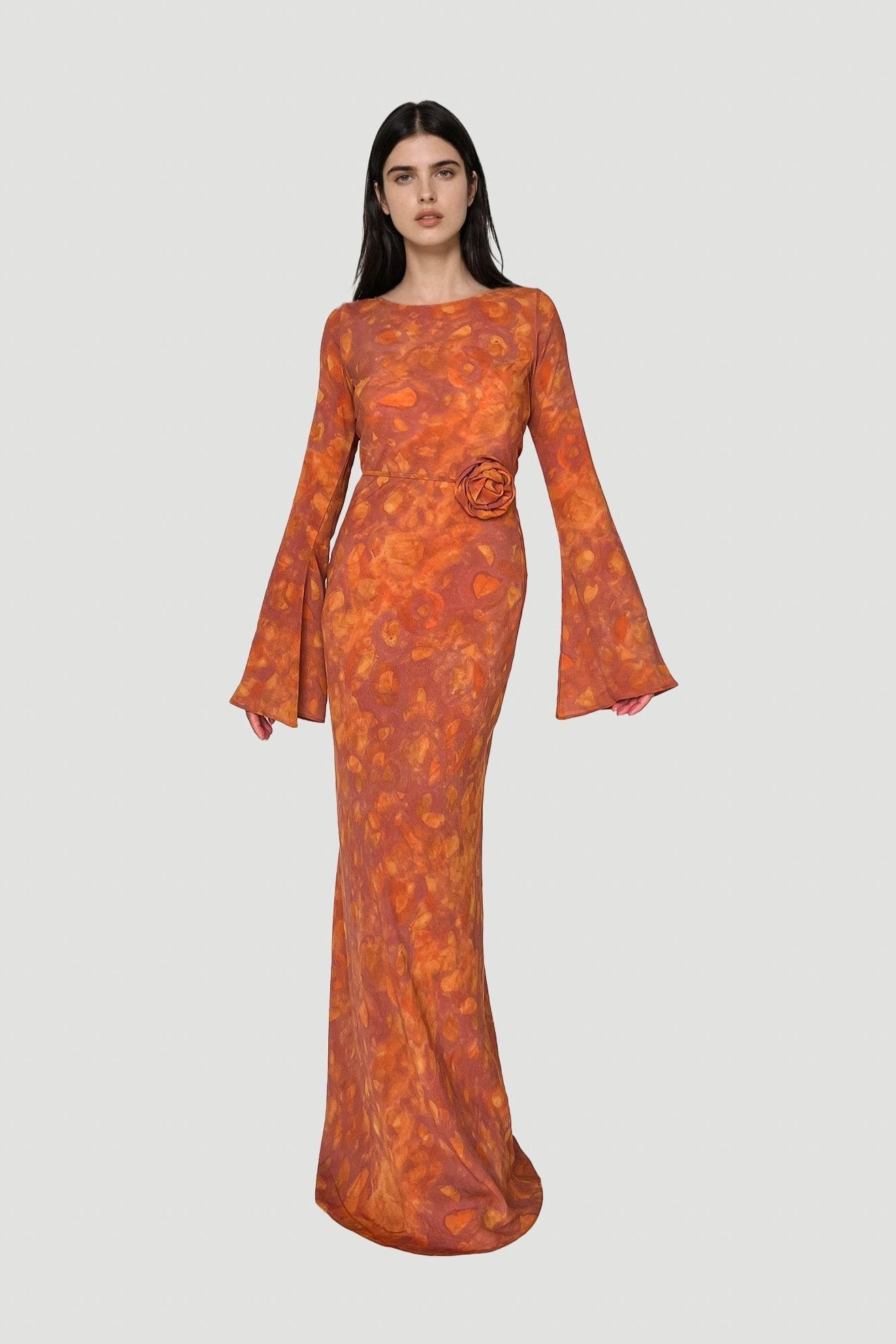Kyra Bias Cut Long Sleeve Maxi Dress In Sunset Orange