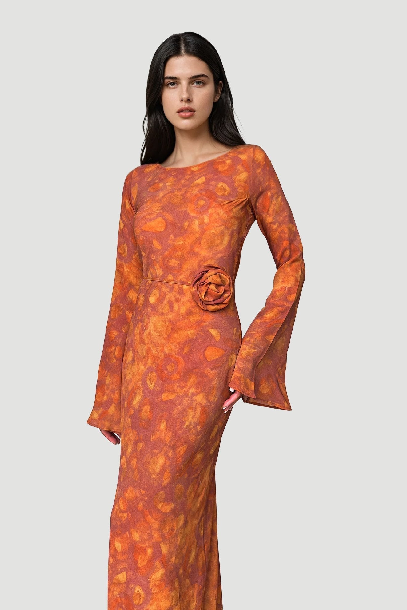 Kyra Bias Cut Long Sleeve Maxi Dress In Sunset Orange