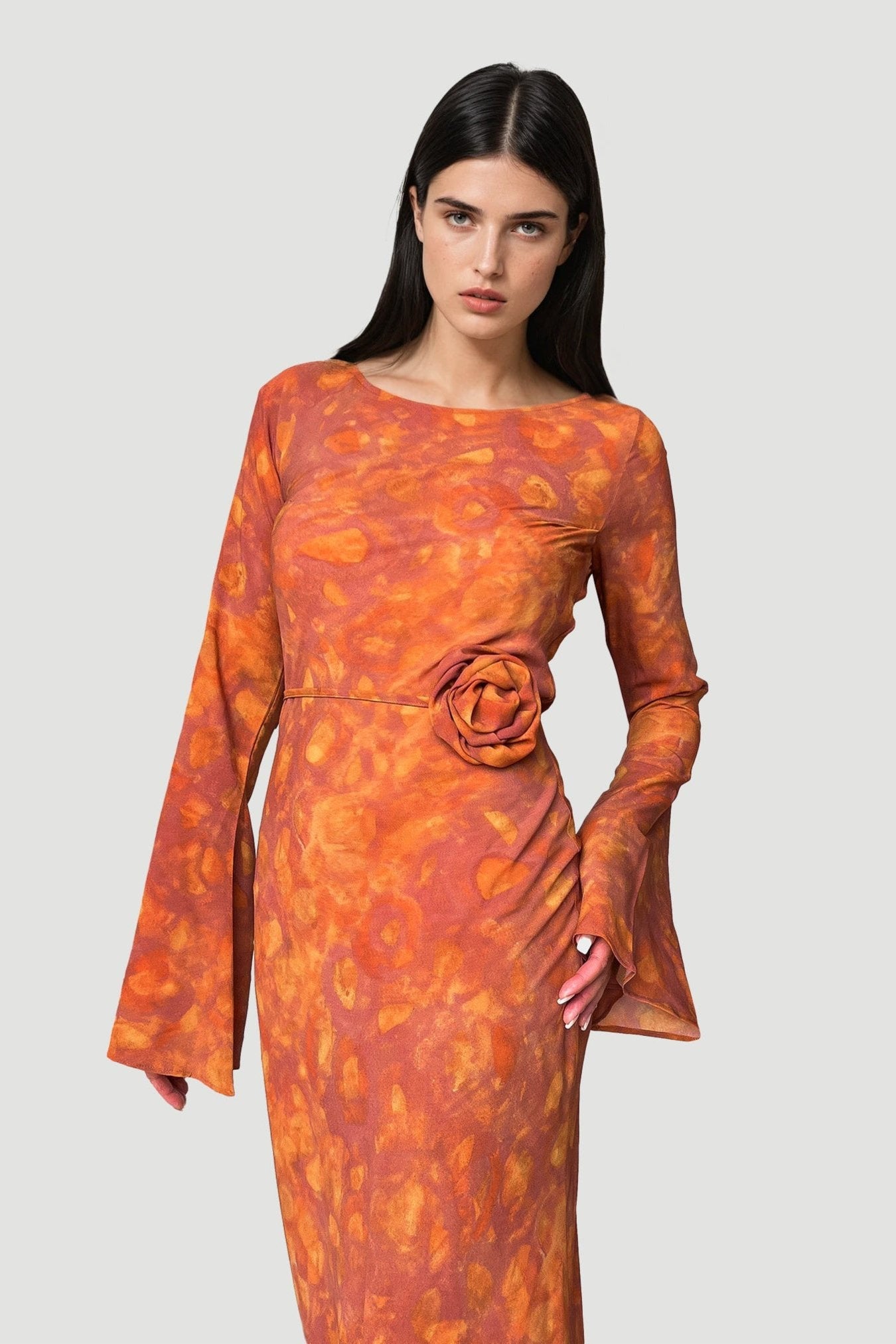 Kyra Bias Cut Long Sleeve Maxi Dress In Sunset Orange