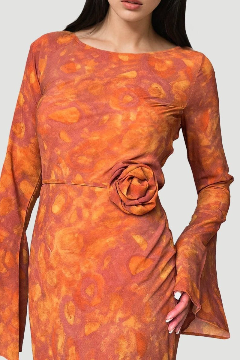 Kyra Bias Cut Long Sleeve Maxi Dress In Sunset Orange