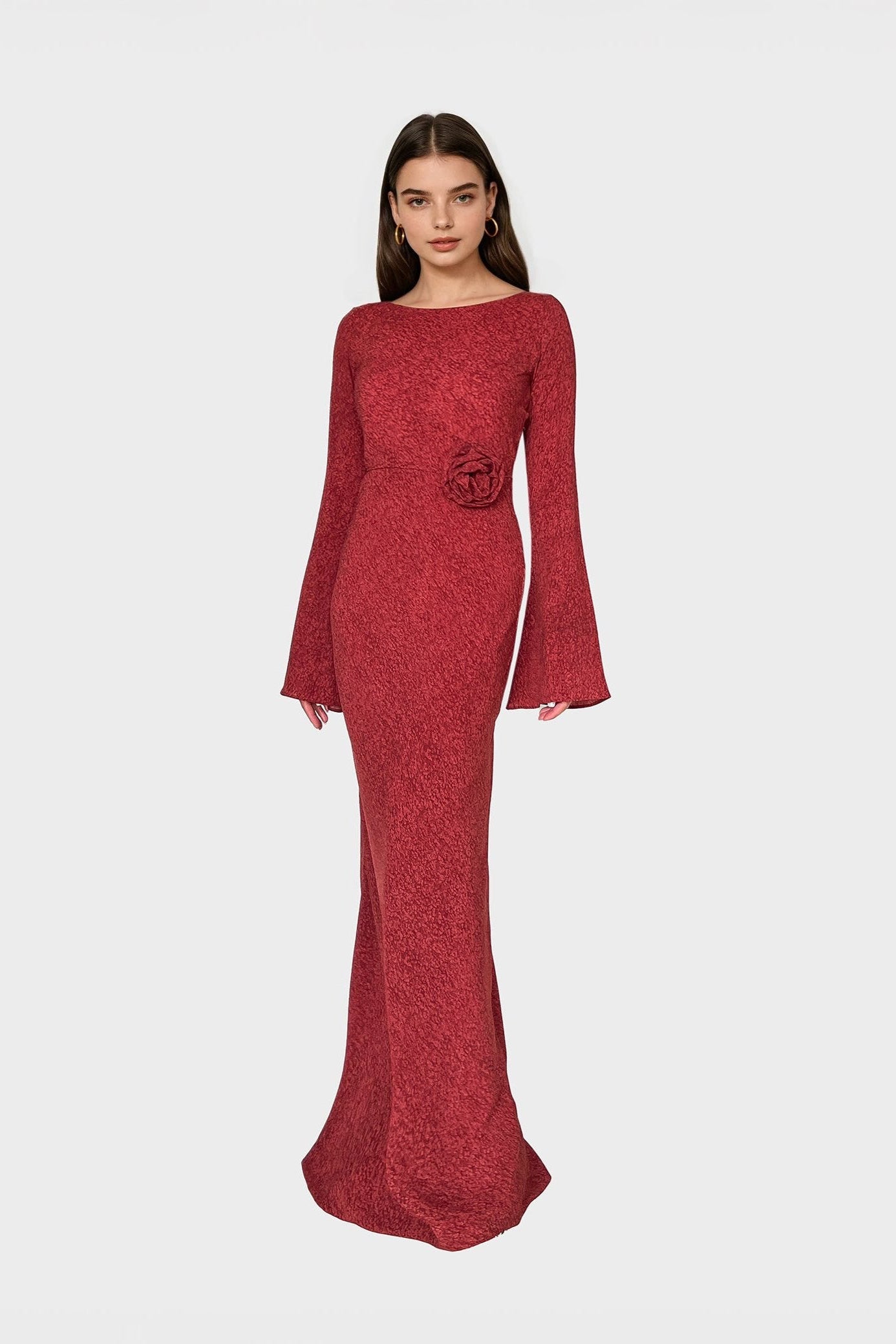 Kyra Bias Cut Long Sleeve Maxi Dress In Red Sapphire