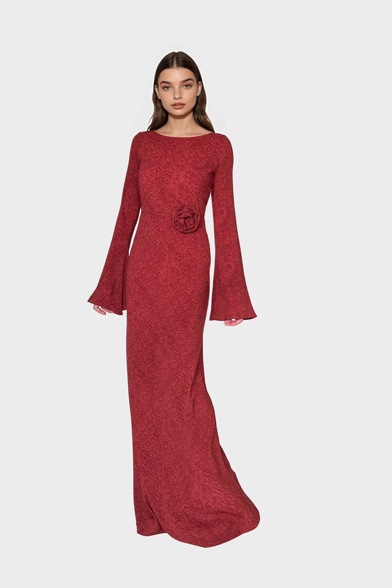 Kyra Bias Cut Long Sleeve Maxi Dress In Red Sapphire
