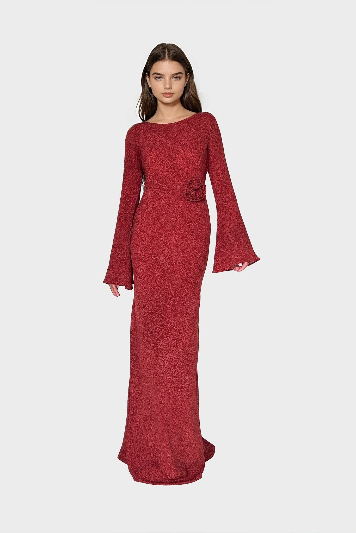 Kyra Bias Cut Long Sleeve Maxi Dress In Red Sapphire