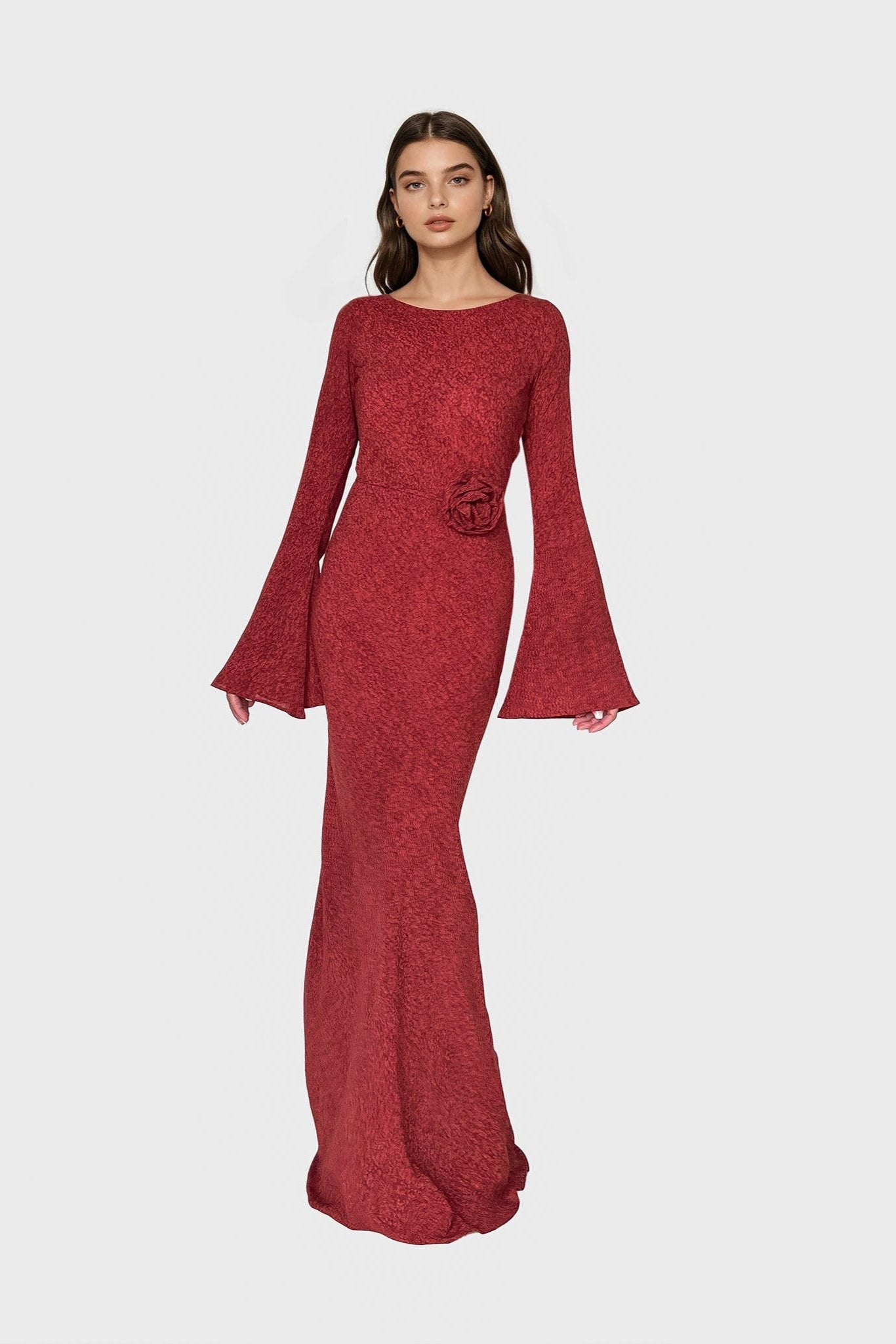 Kyra Bias Cut Long Sleeve Maxi Dress In Red Sapphire
