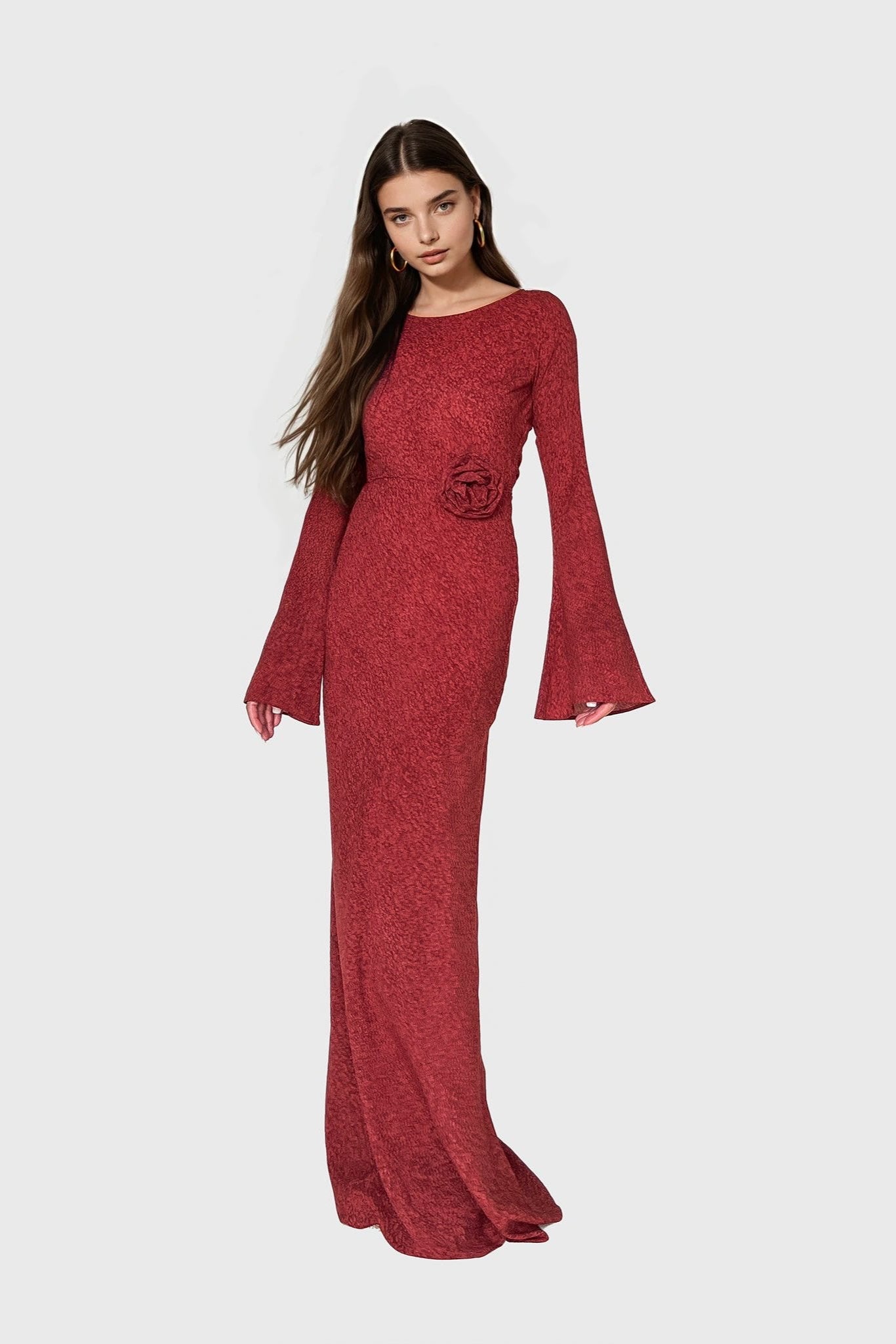 Kyra Bias Cut Long Sleeve Maxi Dress In Red Sapphire