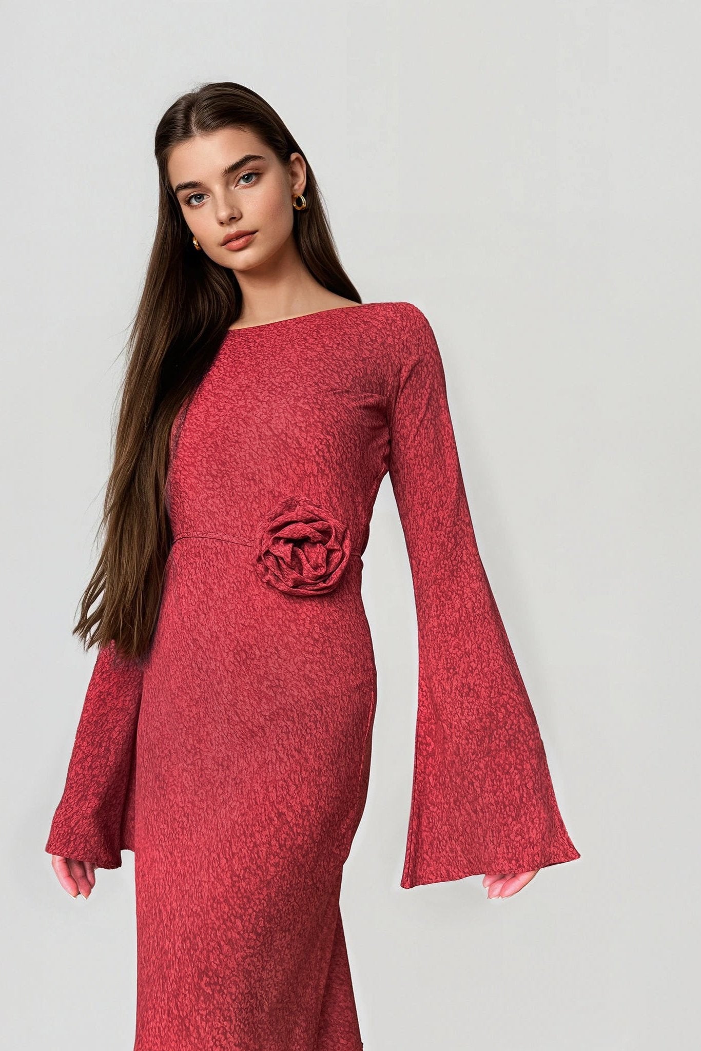 Kyra Bias Cut Long Sleeve Maxi Dress In Red Sapphire