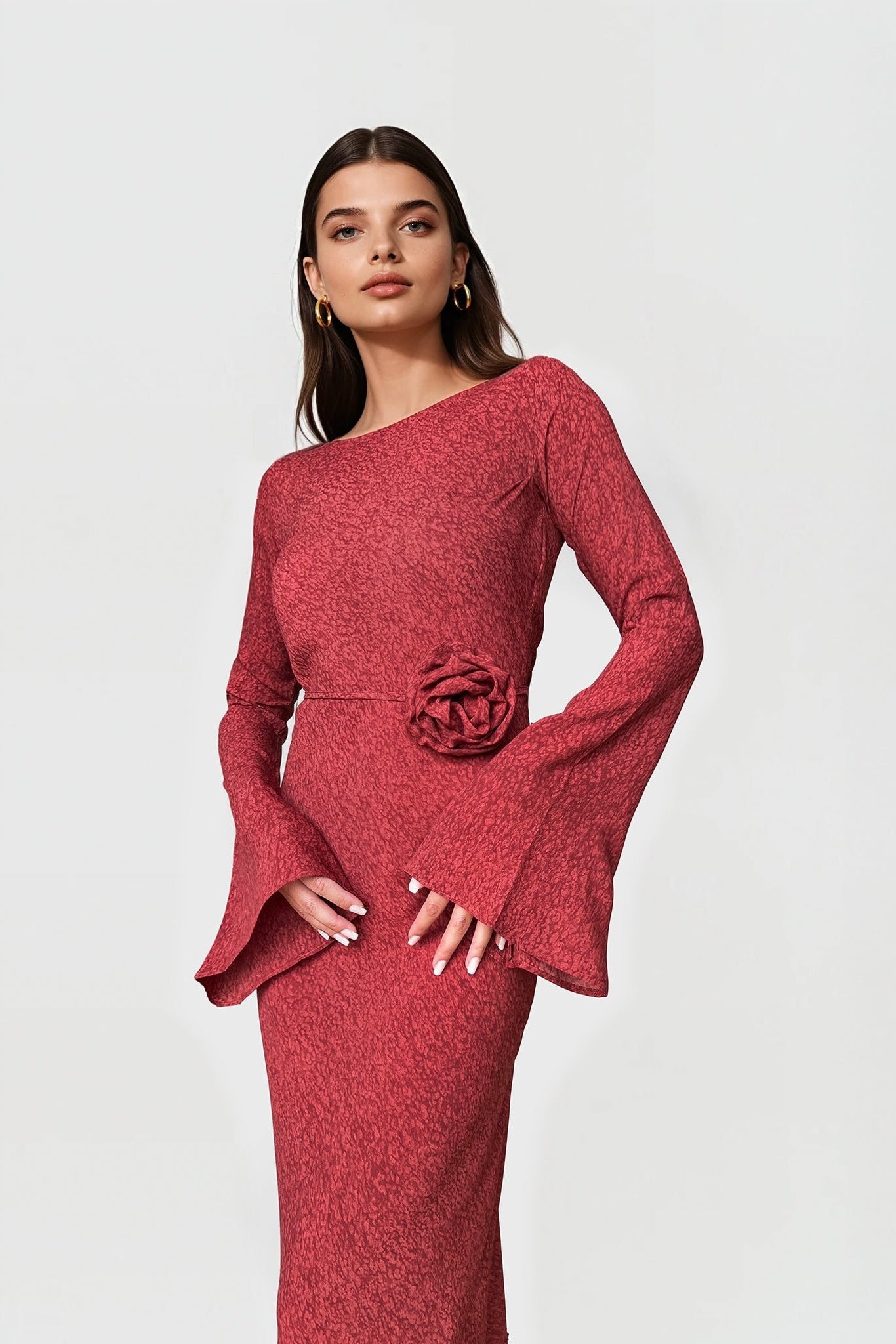 Kyra Bias Cut Long Sleeve Maxi Dress In Red Sapphire