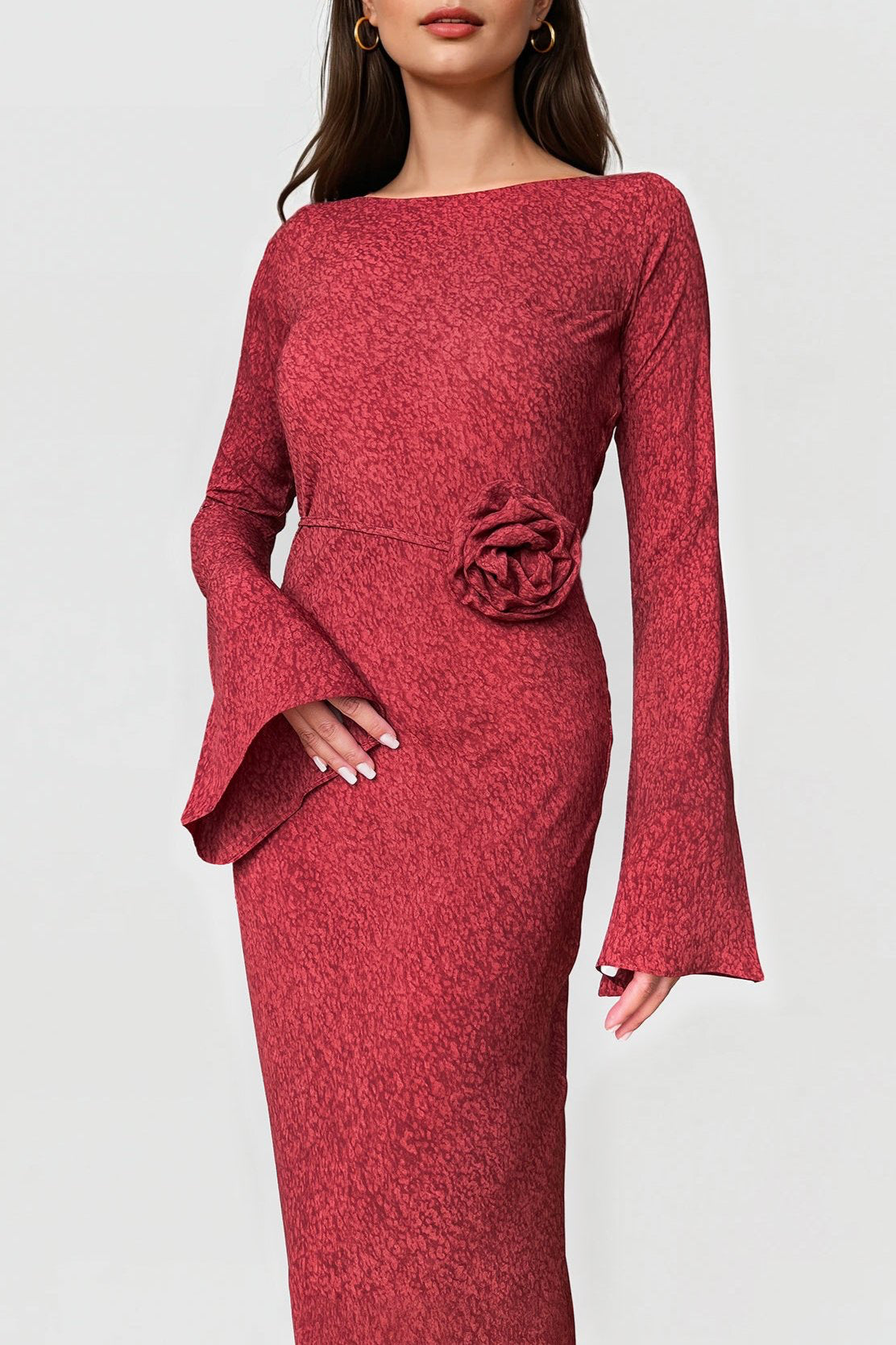 Kyra Bias Cut Long Sleeve Maxi Dress In Red Sapphire