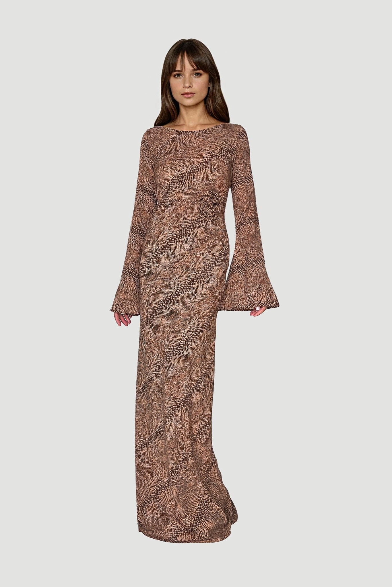 Kyra Bias Cut Long Sleeve Maxi Dress In Cobra