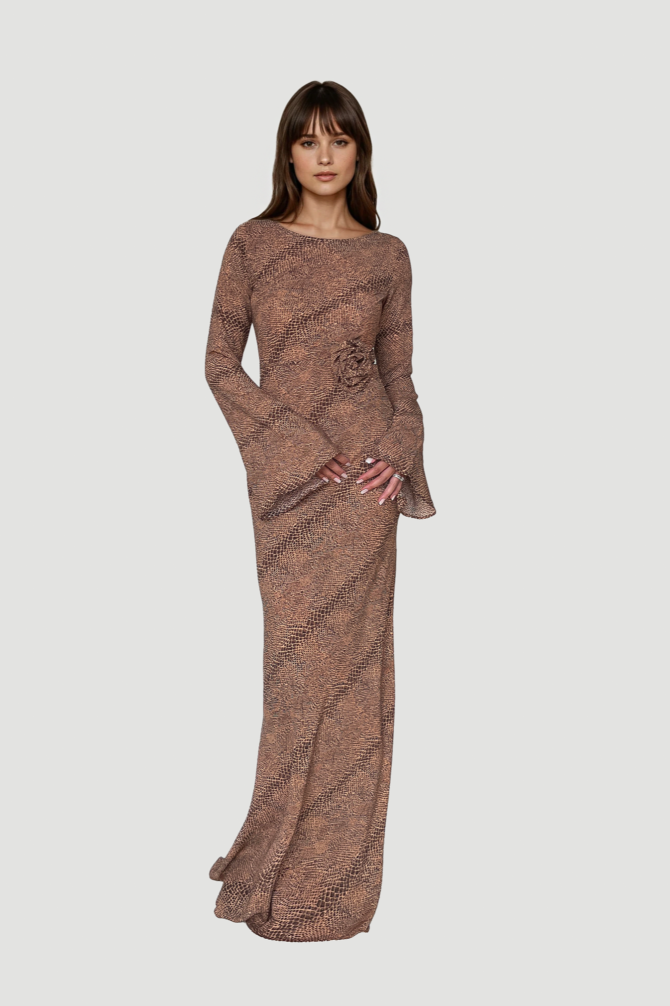 Kyra Bias Cut Long Sleeve Maxi Dress In Cobra