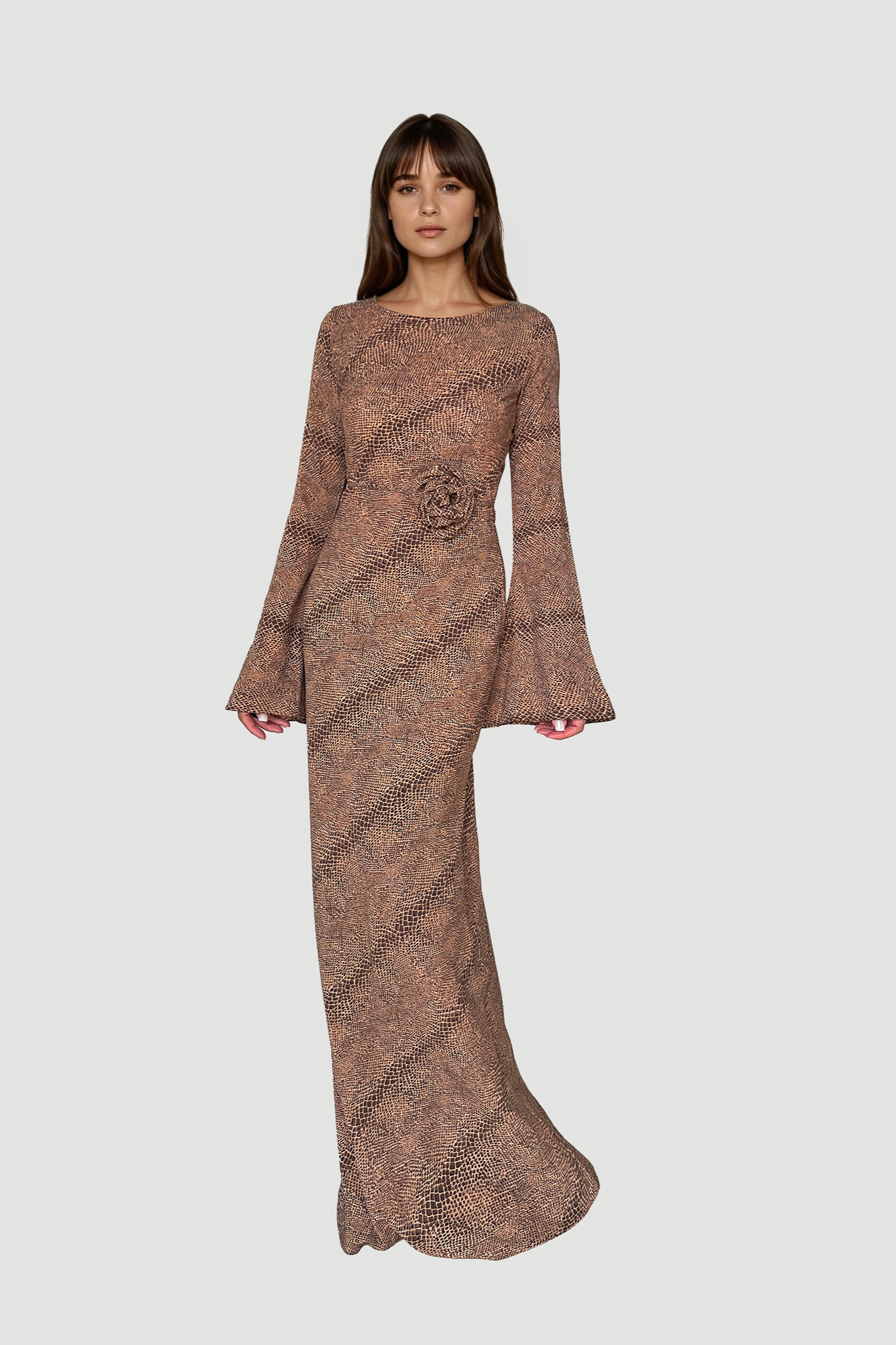 Kyra Bias Cut Long Sleeve Maxi Dress In Cobra