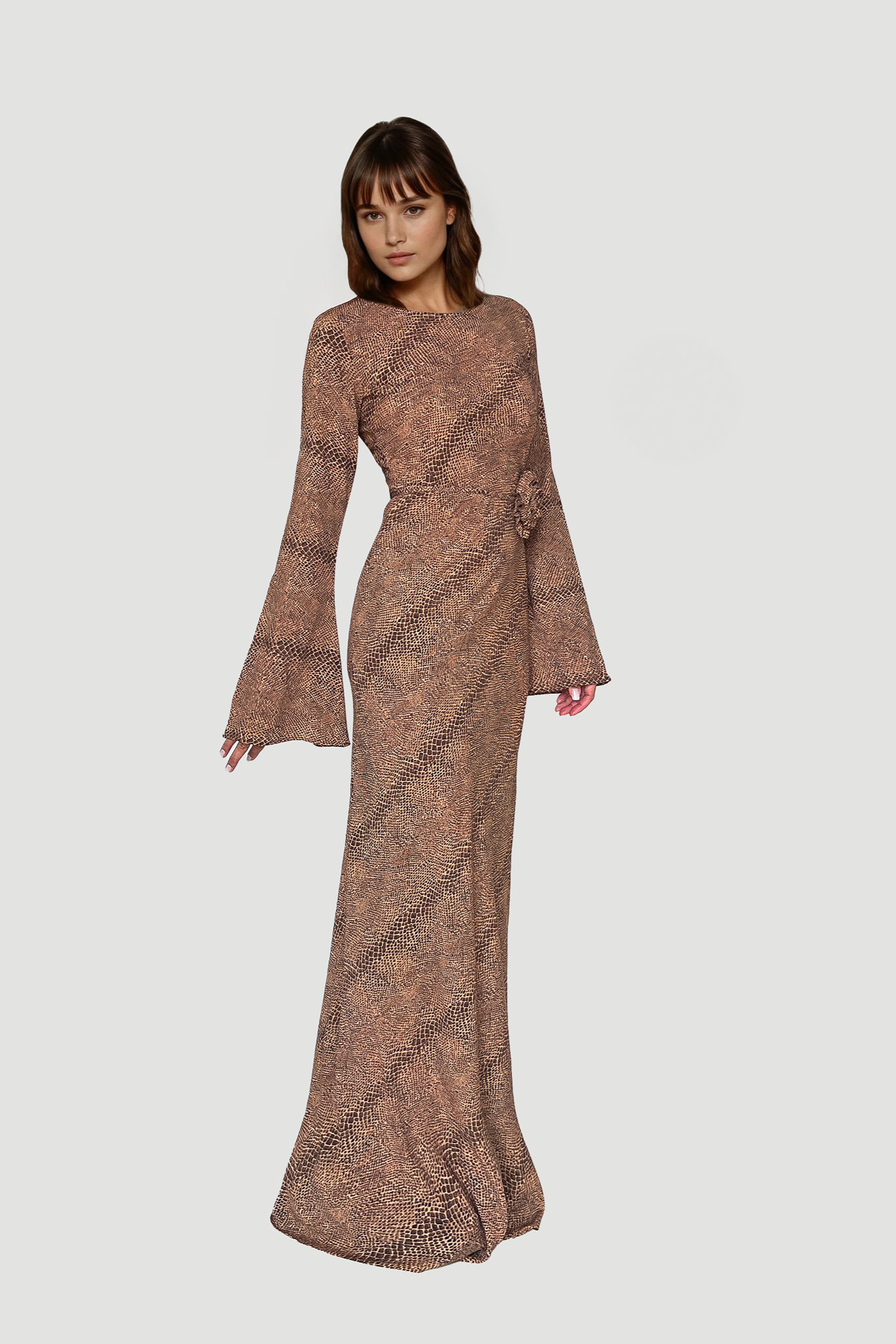 Kyra Bias Cut Long Sleeve Maxi Dress In Cobra