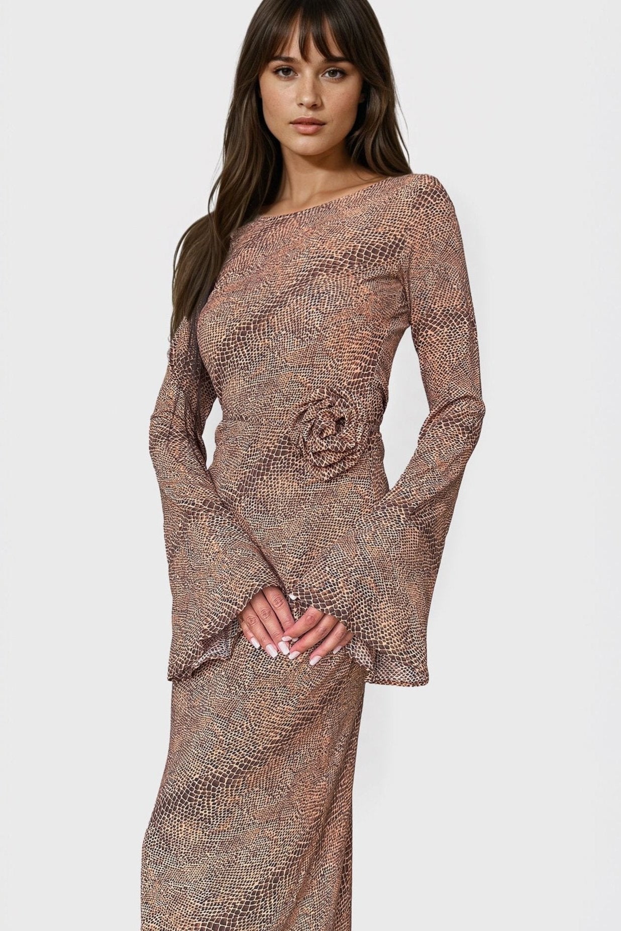 Kyra Bias Cut Long Sleeve Maxi Dress In Cobra