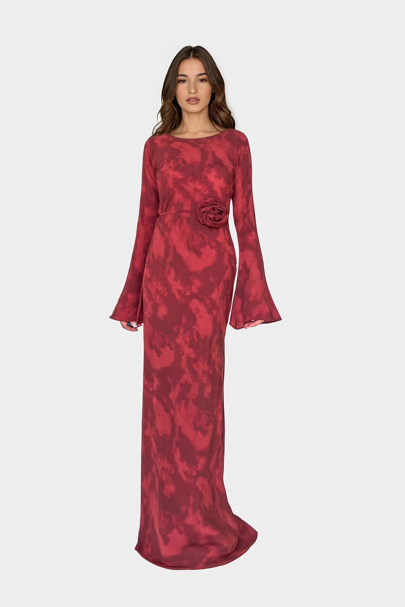 Kyra Bias Cut Long Sleeve Maxi Dress In Inferno Red