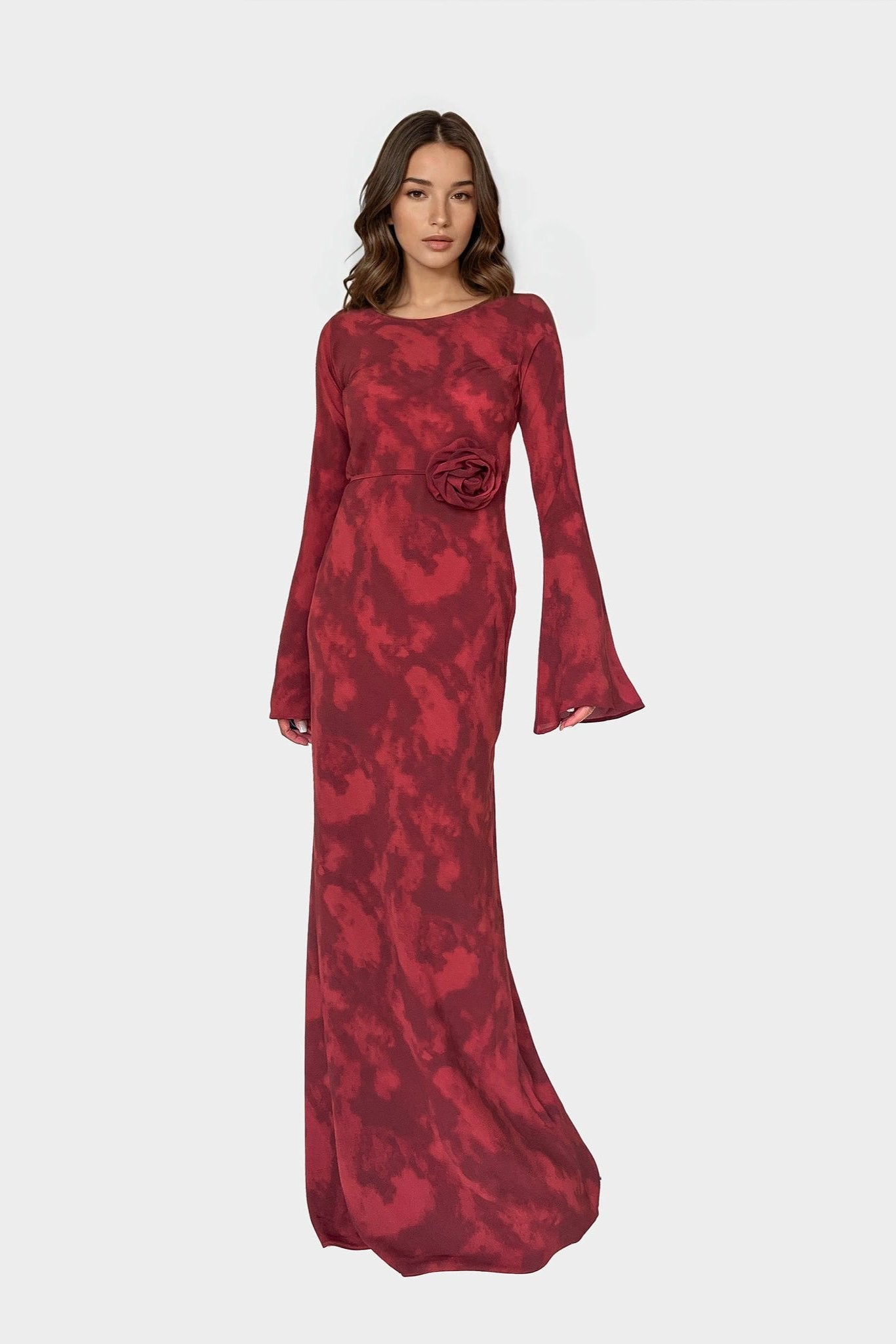 Kyra Bias Cut Long Sleeve Maxi Dress In Inferno Red