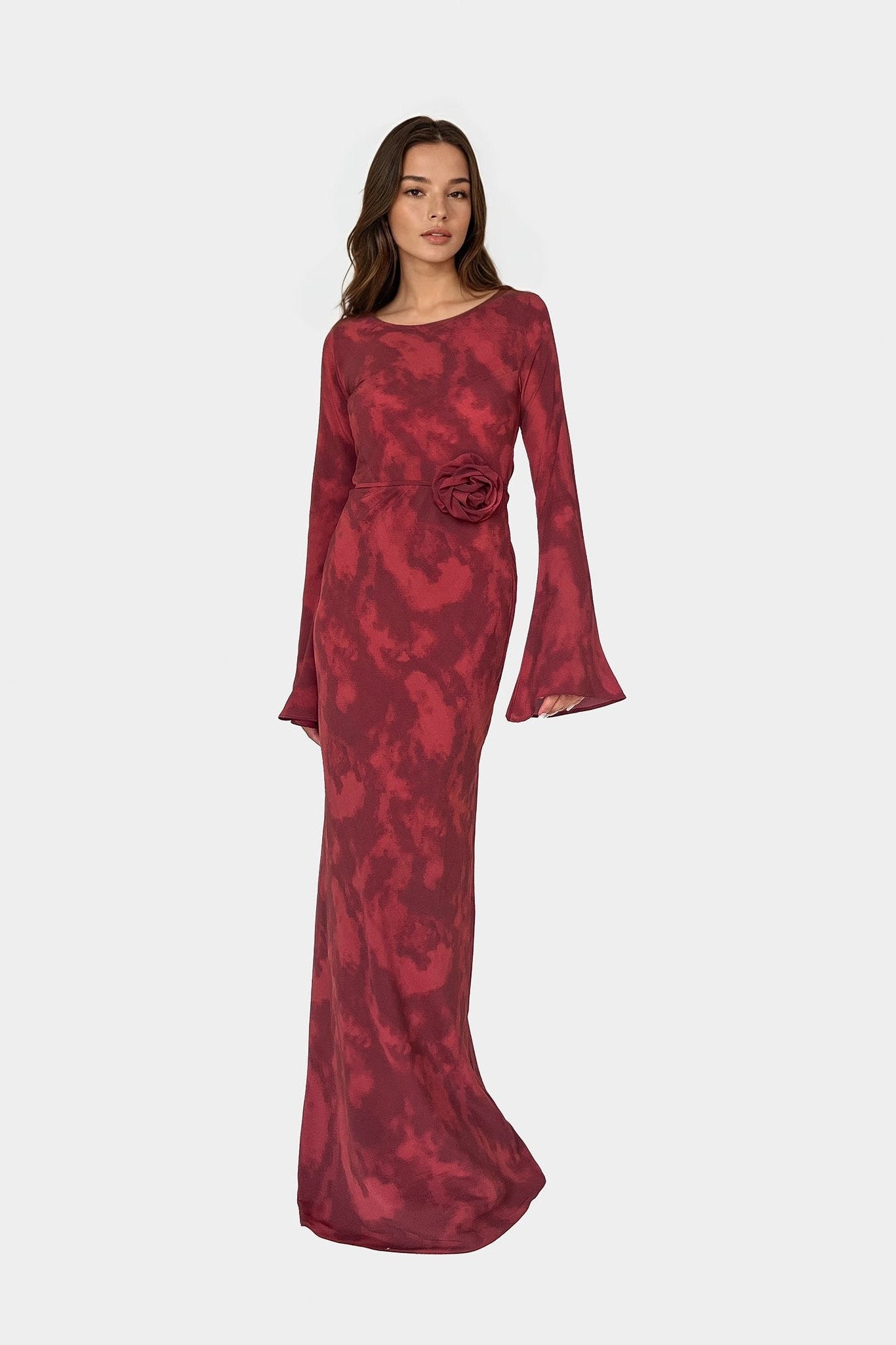 Kyra Bias Cut Long Sleeve Maxi Dress In Inferno Red