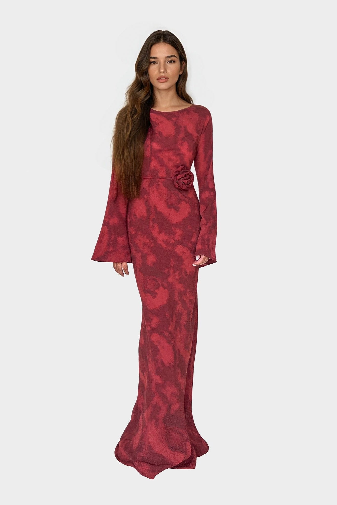 Kyra Bias Cut Long Sleeve Maxi Dress In Inferno Red