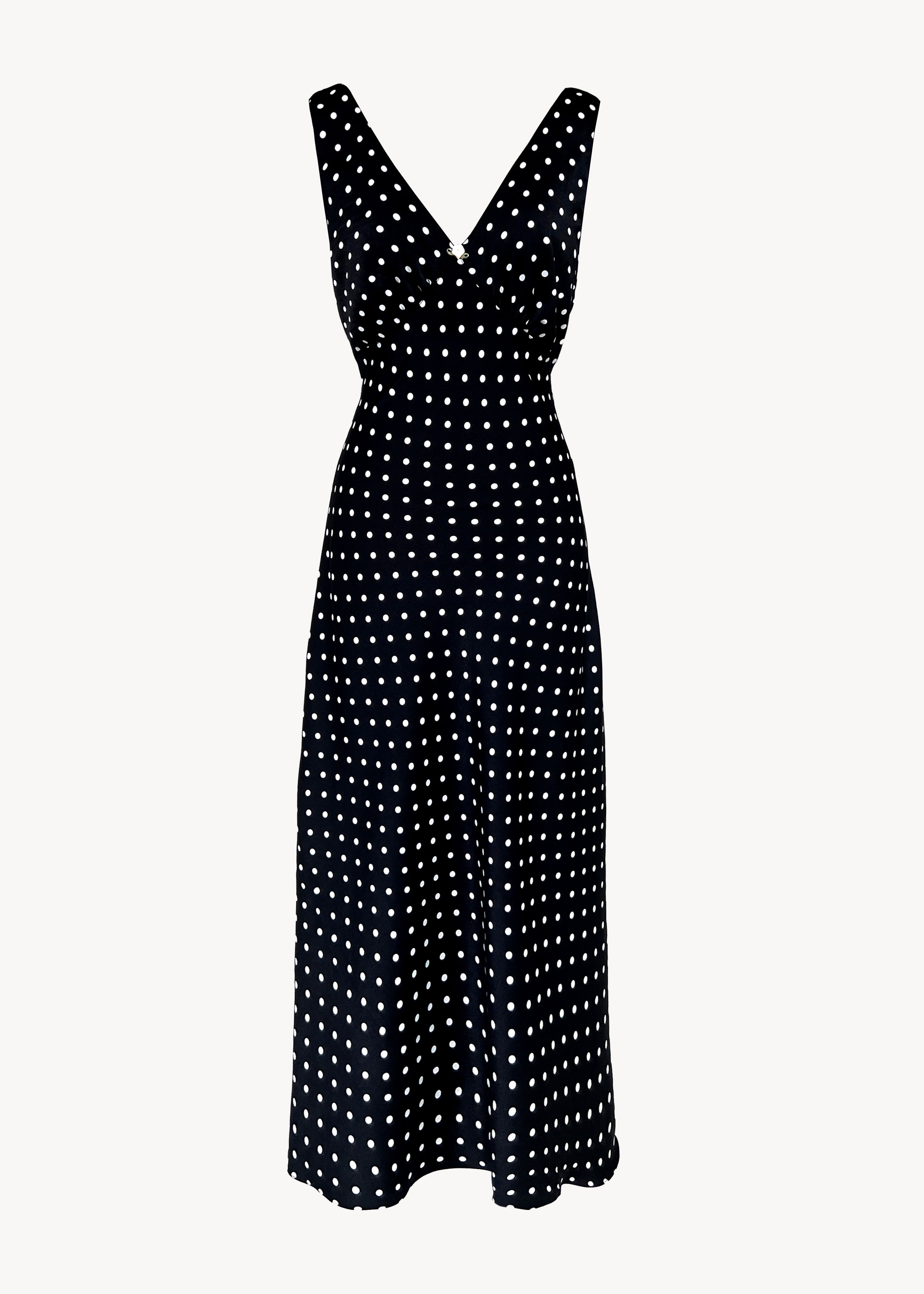 JULIETTE Bias Cut V Neck Midi Dress in Black Polka Dots