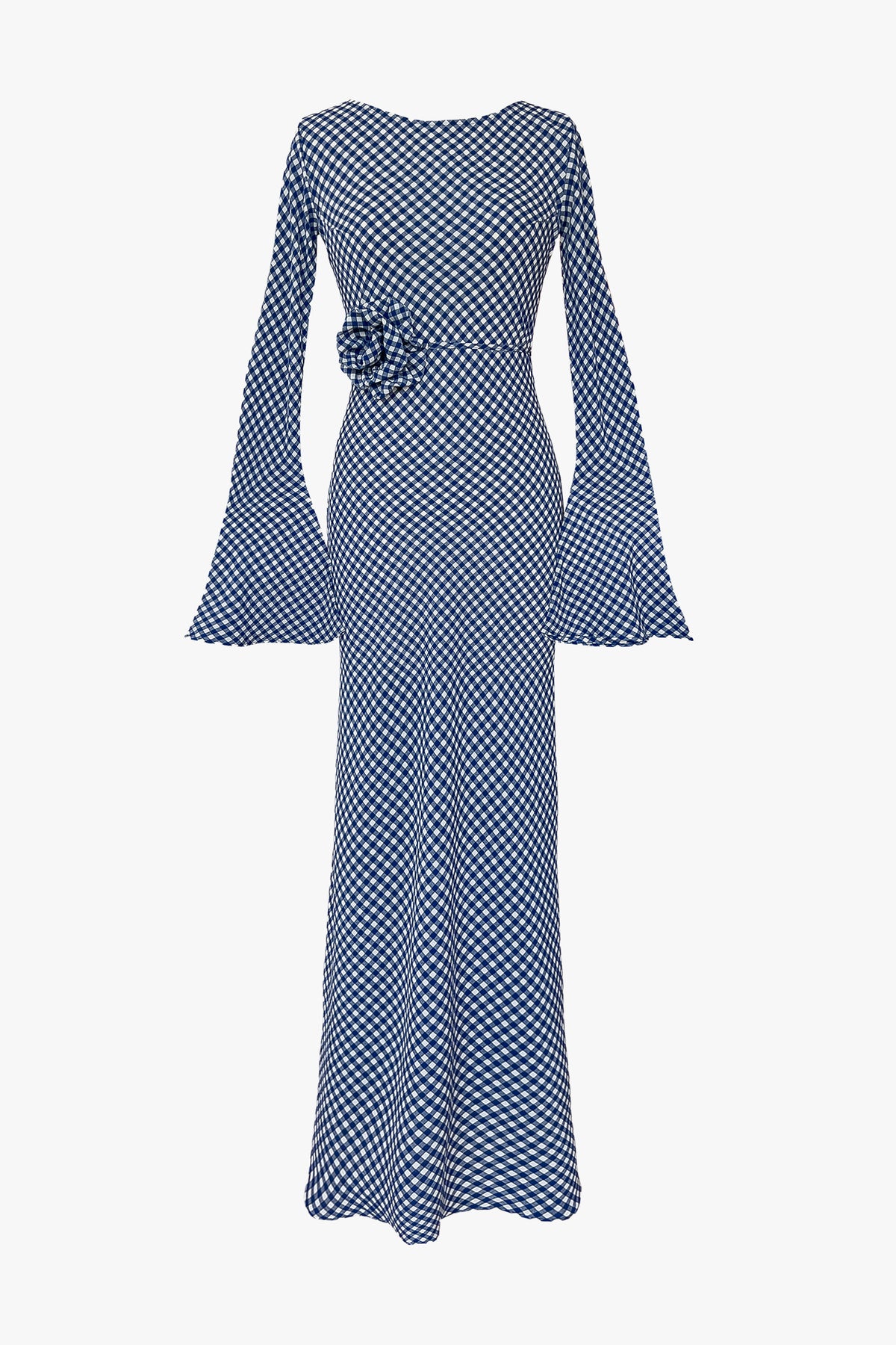Kyra Bias Cut Long Sleeve Maxi Dress In Blue Gingham