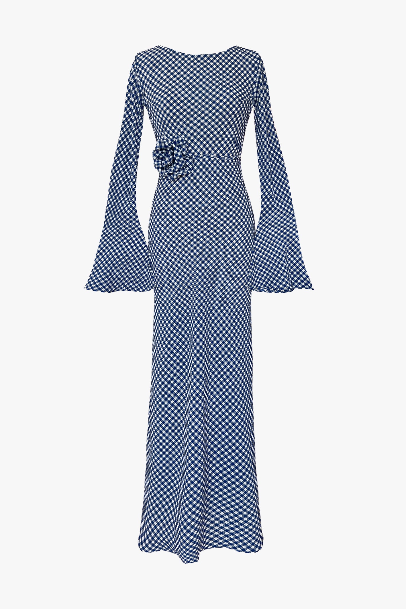 Kyra Bias Cut Long Sleeve Maxi Dress In Blue Gingham