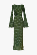 Kyra Bias Cut Long Sleeve Maxi Dress In Olive Green Polka Dots