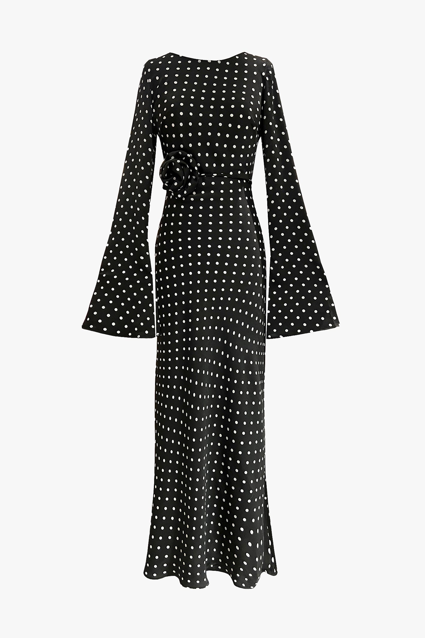 KYRA Bias Cut Long Sleeves Maxi Dress in Black Polka Dots