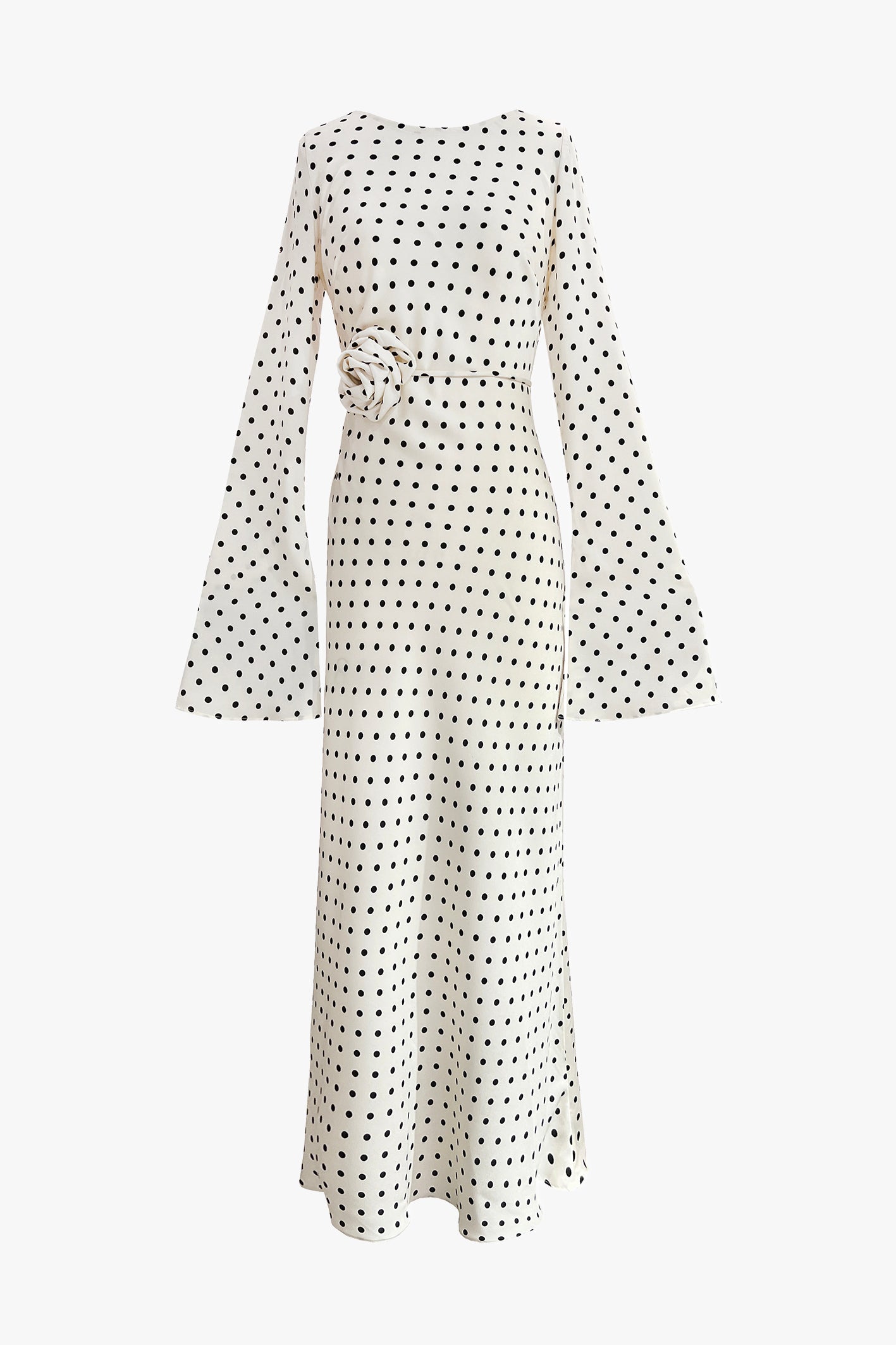 KYRA Bias Cut Long Sleeves Maxi Dress in White Polka Dots