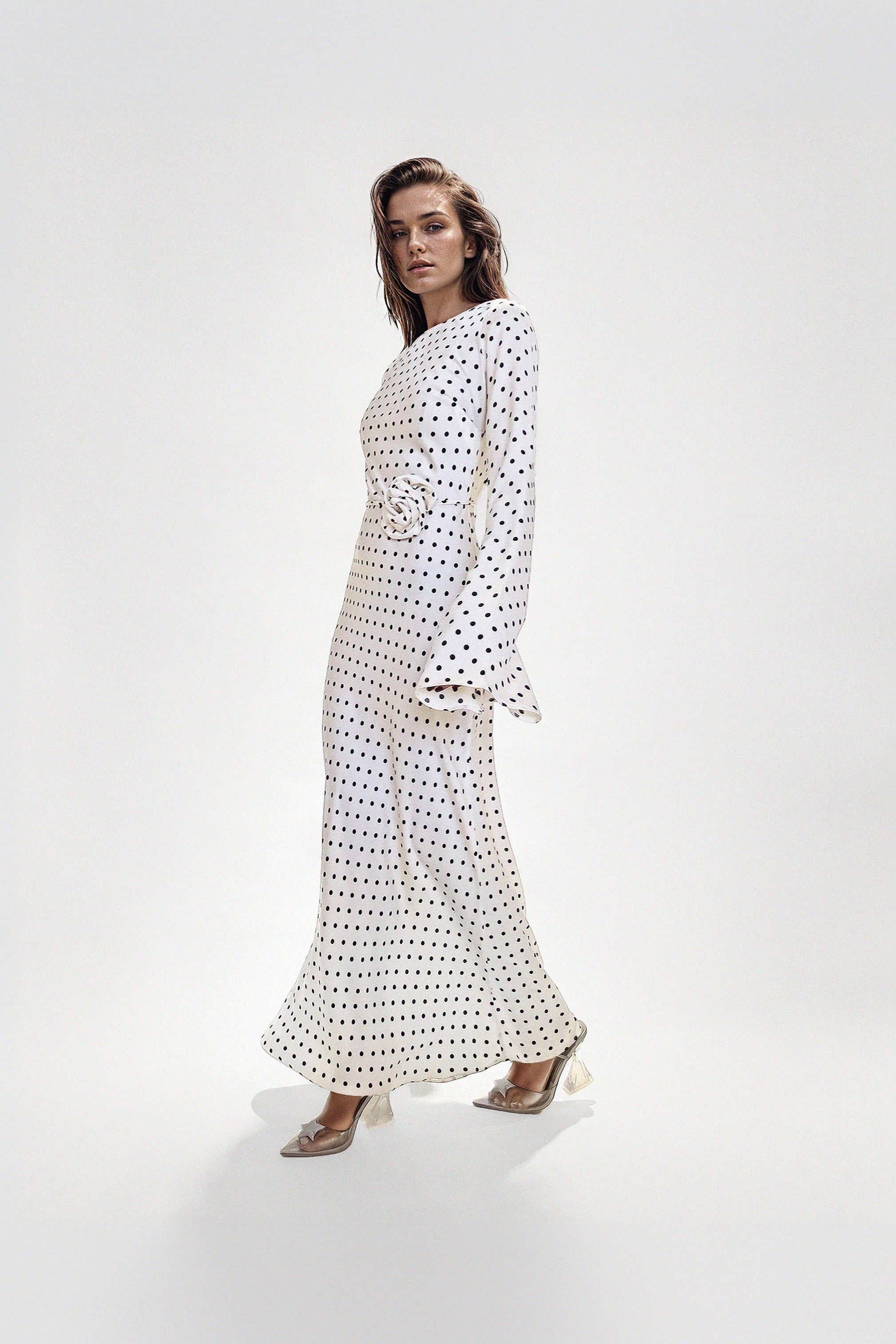 KYRA DRESS in White Polka Dots - OctoberEighteen