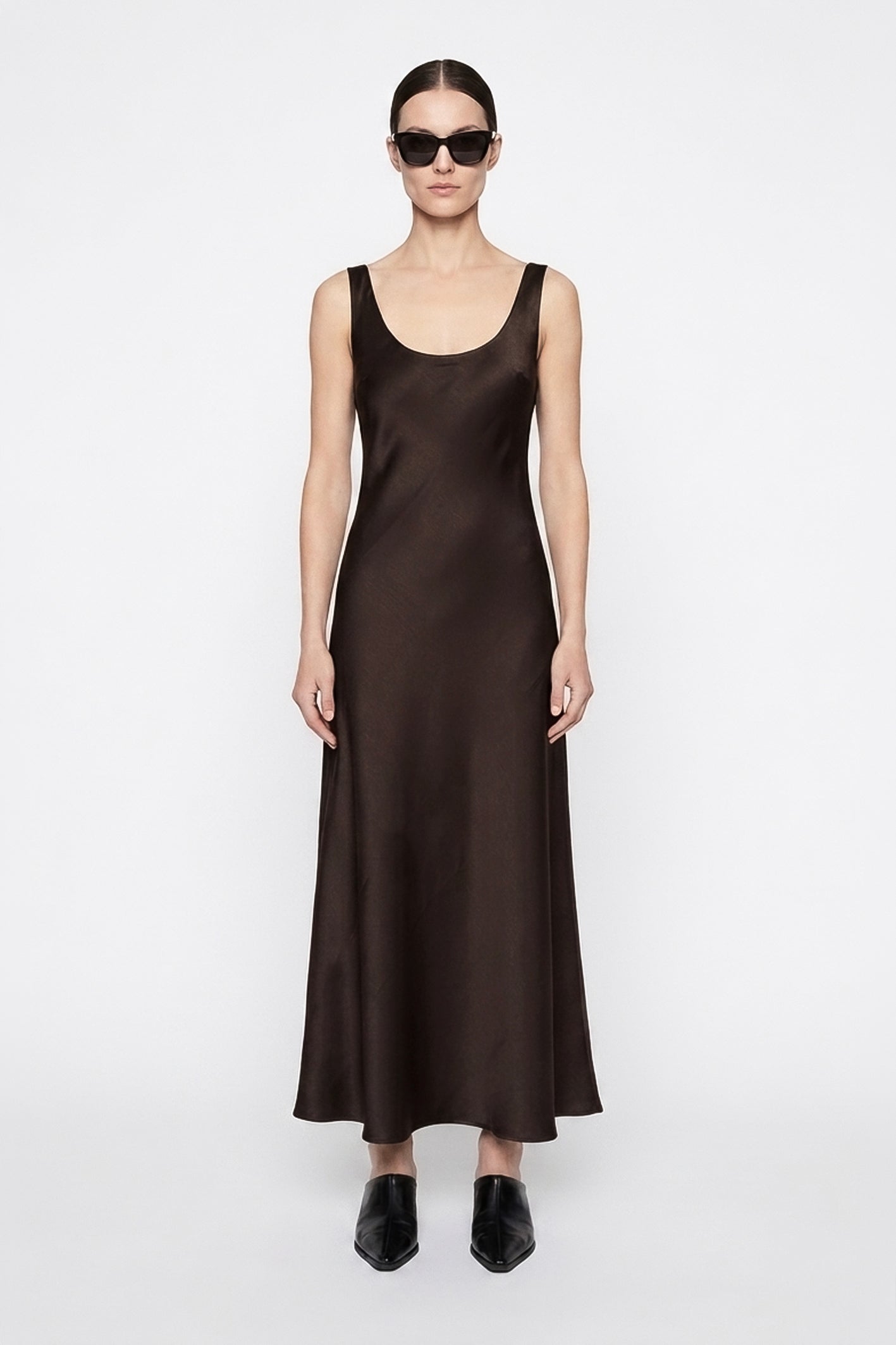 Lennox Dress in Dark Brown Satin
