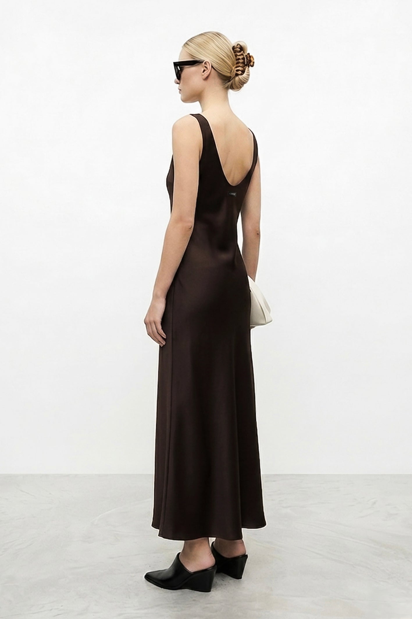 Lennox Dress in Dark Brown Satin